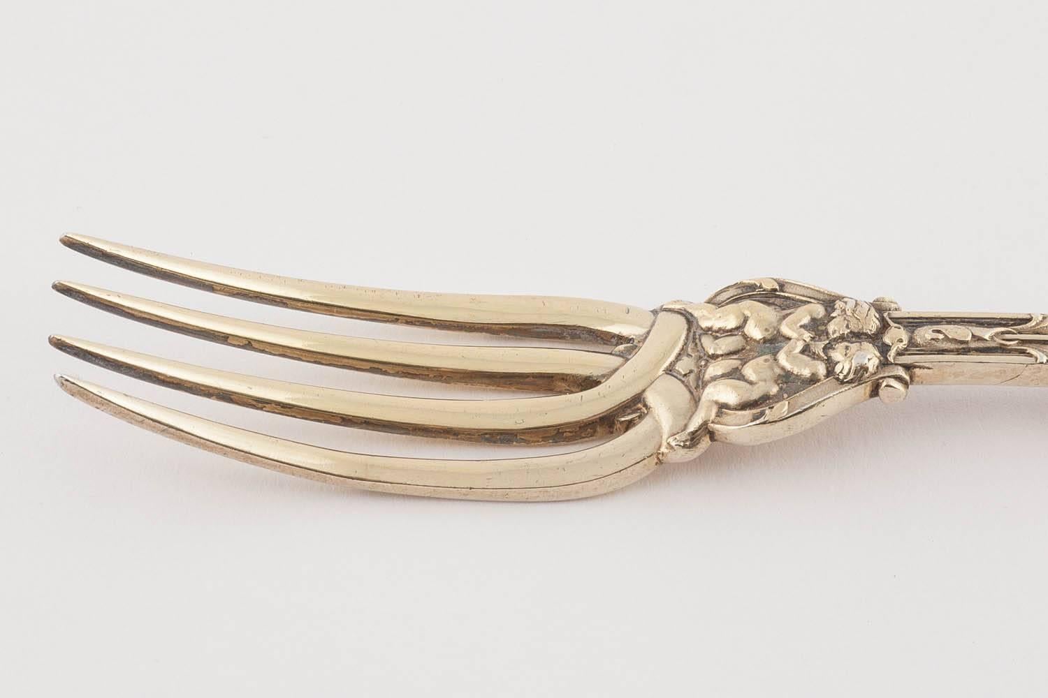 Baroque Revival English Silver Gilt Knife Fork and Spoon by Hunt & Roskell, 1897