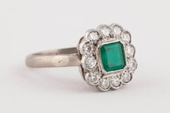 English Emerald and Diamond 18k Gold Cluster Ring, Mid 20th Century
