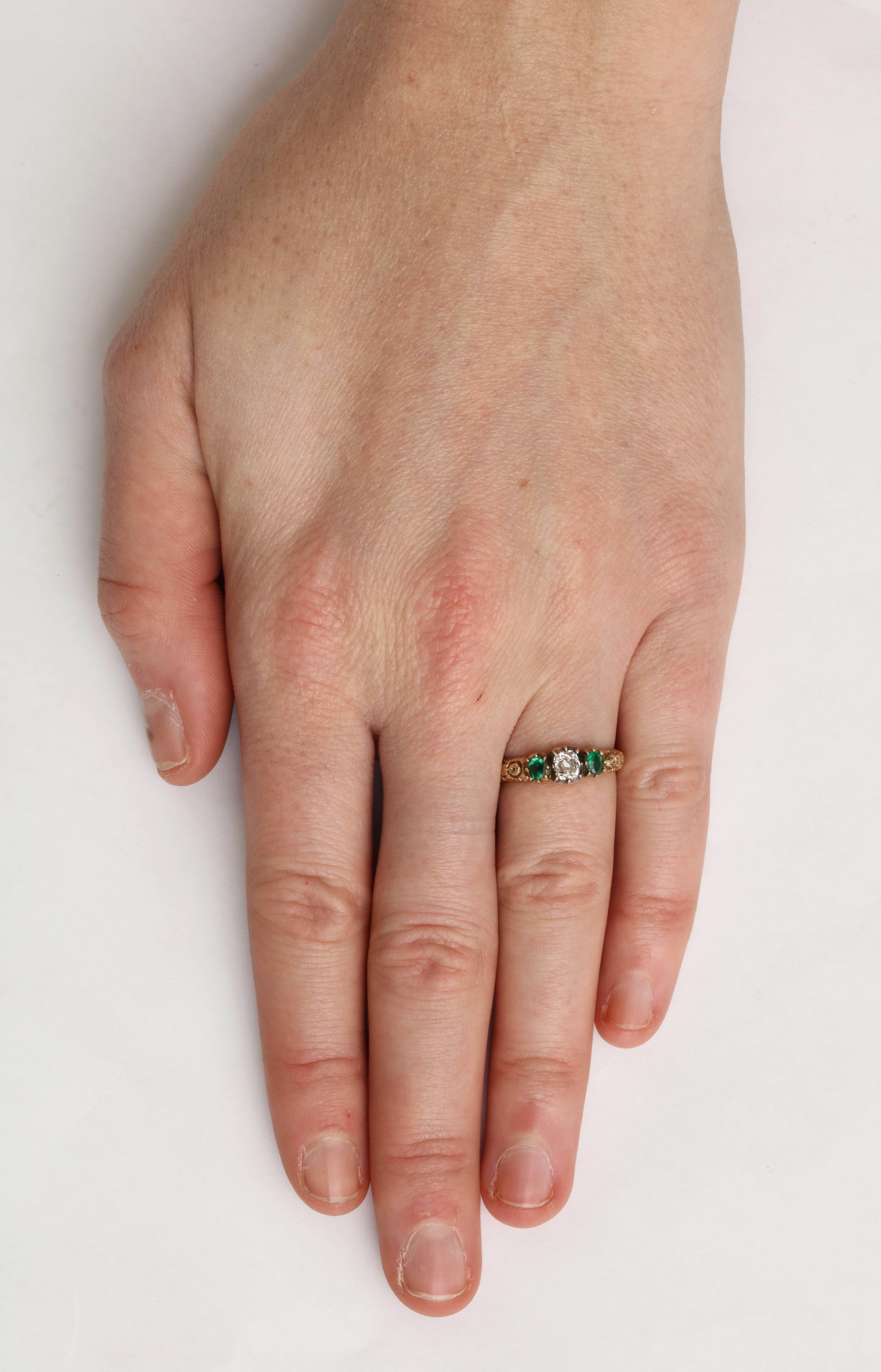 Antique Cushion Cut 1840s Emerald and Diamond Ring For Sale
