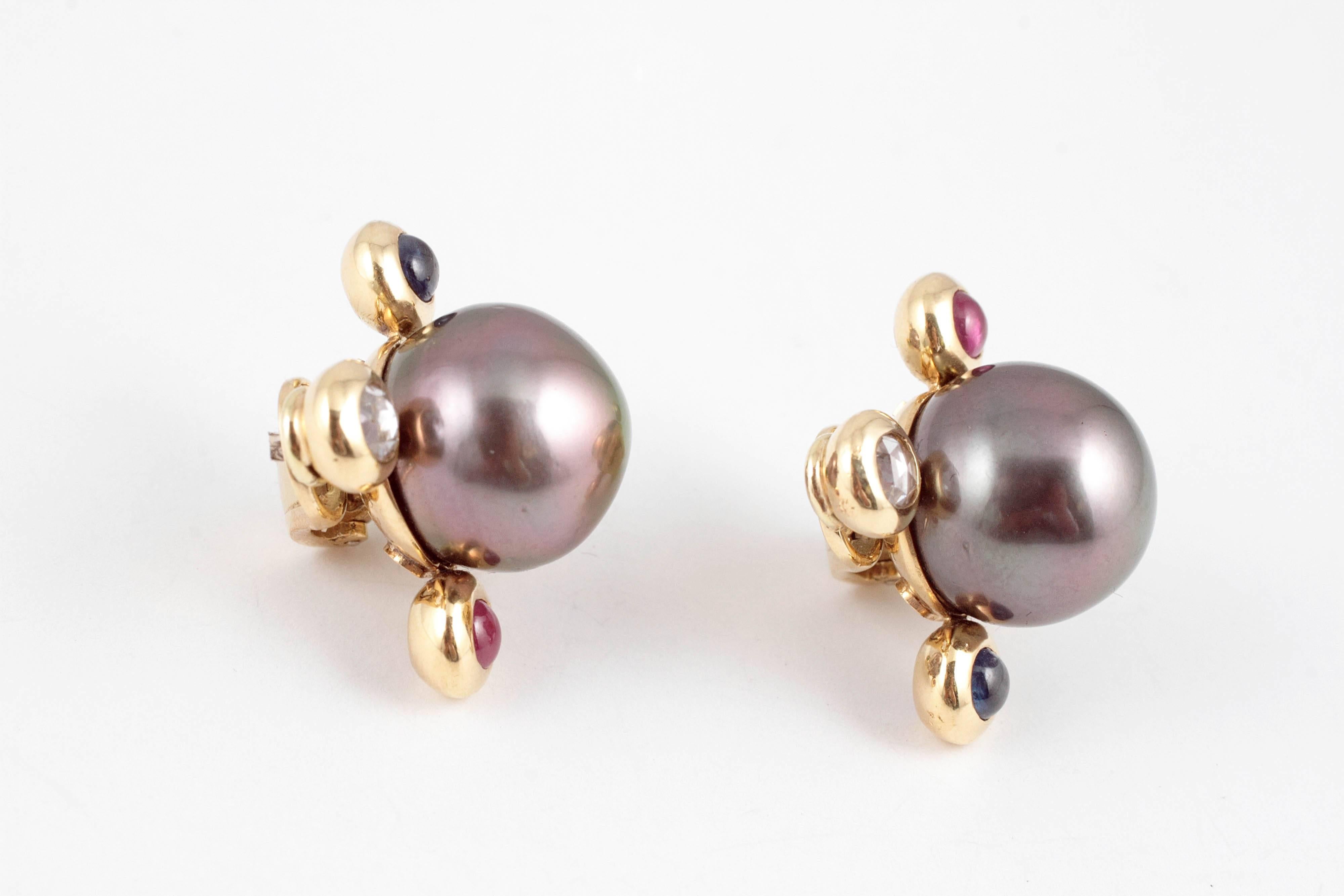 Round Cut Assael Tahitian Pearl Diamond, Sapphire, Emerald, Ruby Earrings