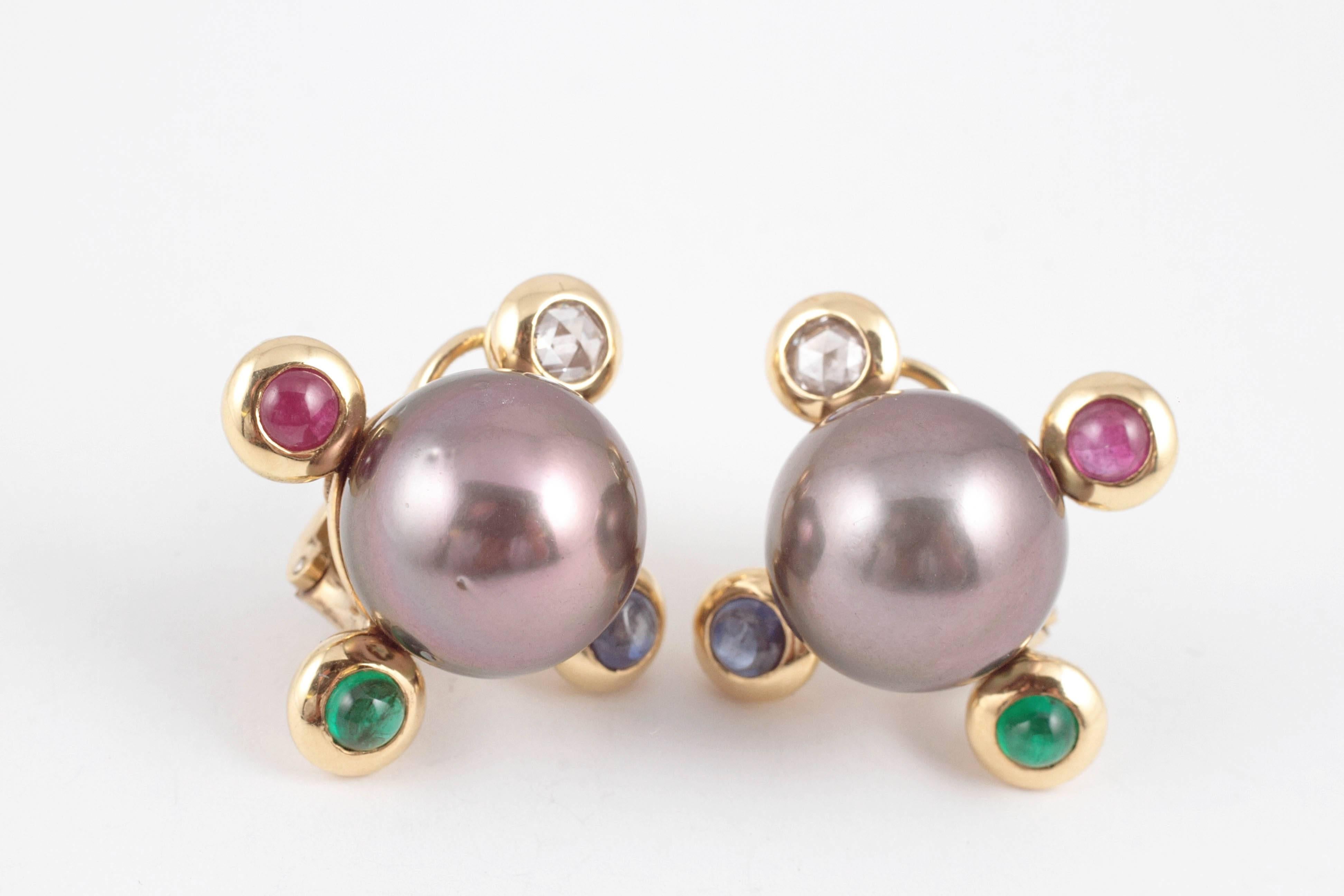 Assael Tahitian Pearl Diamond, Sapphire, Emerald, Ruby Earrings 2