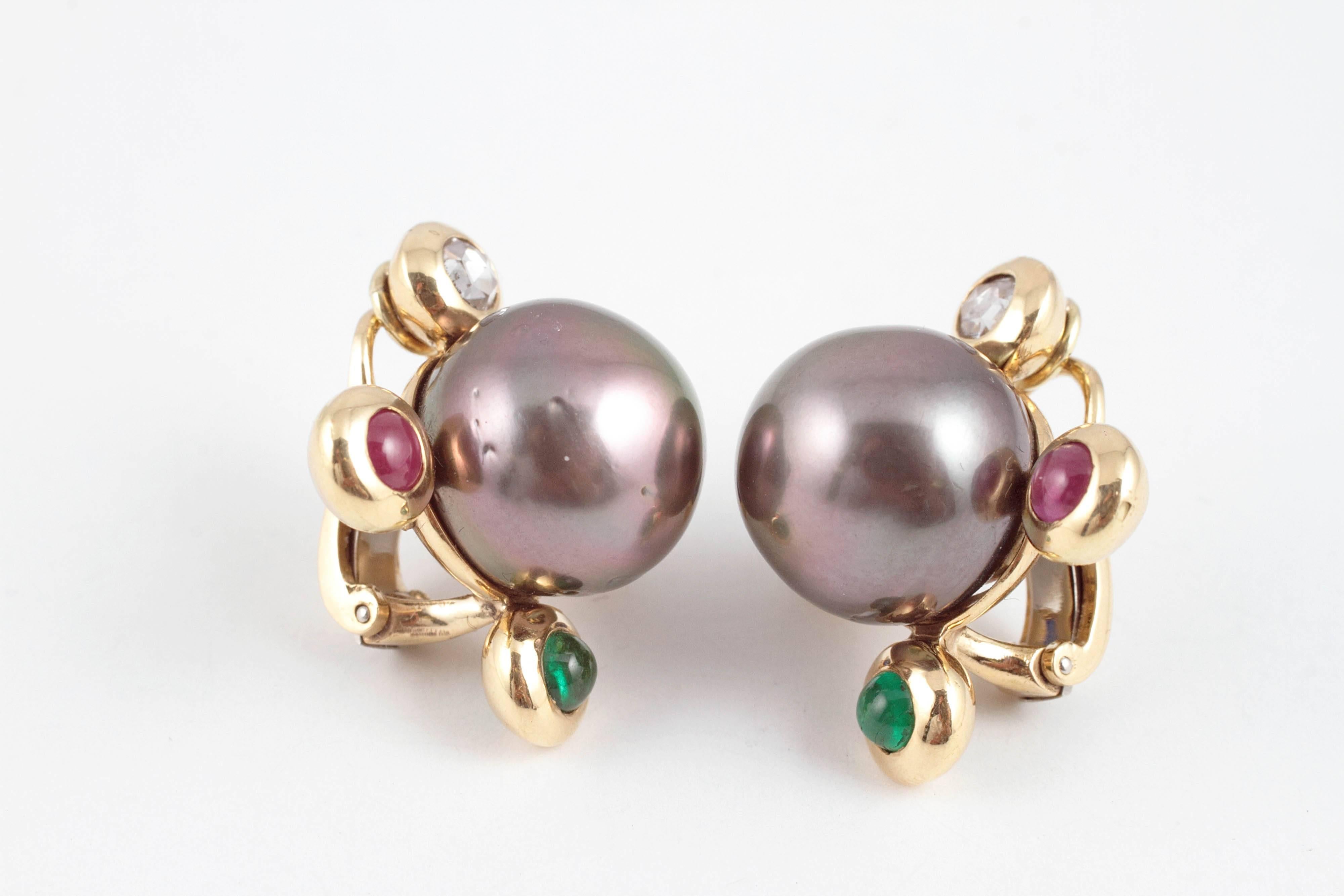 Assael Tahitian Pearl Diamond, Sapphire, Emerald, Ruby Earrings 3