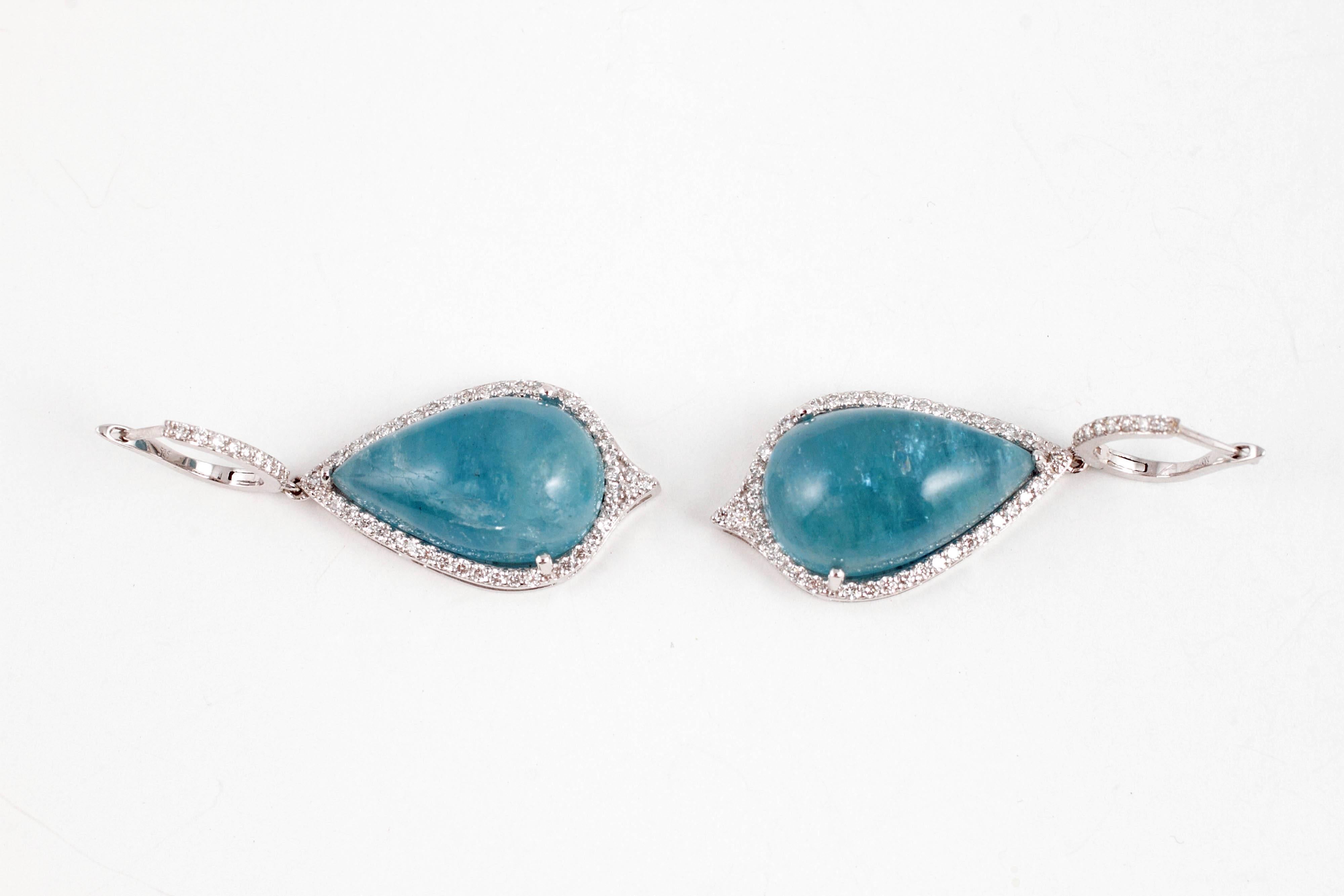 Cabochon-Cut 30.00 Carat Aquamarine Diamond Dangle Earrings 2