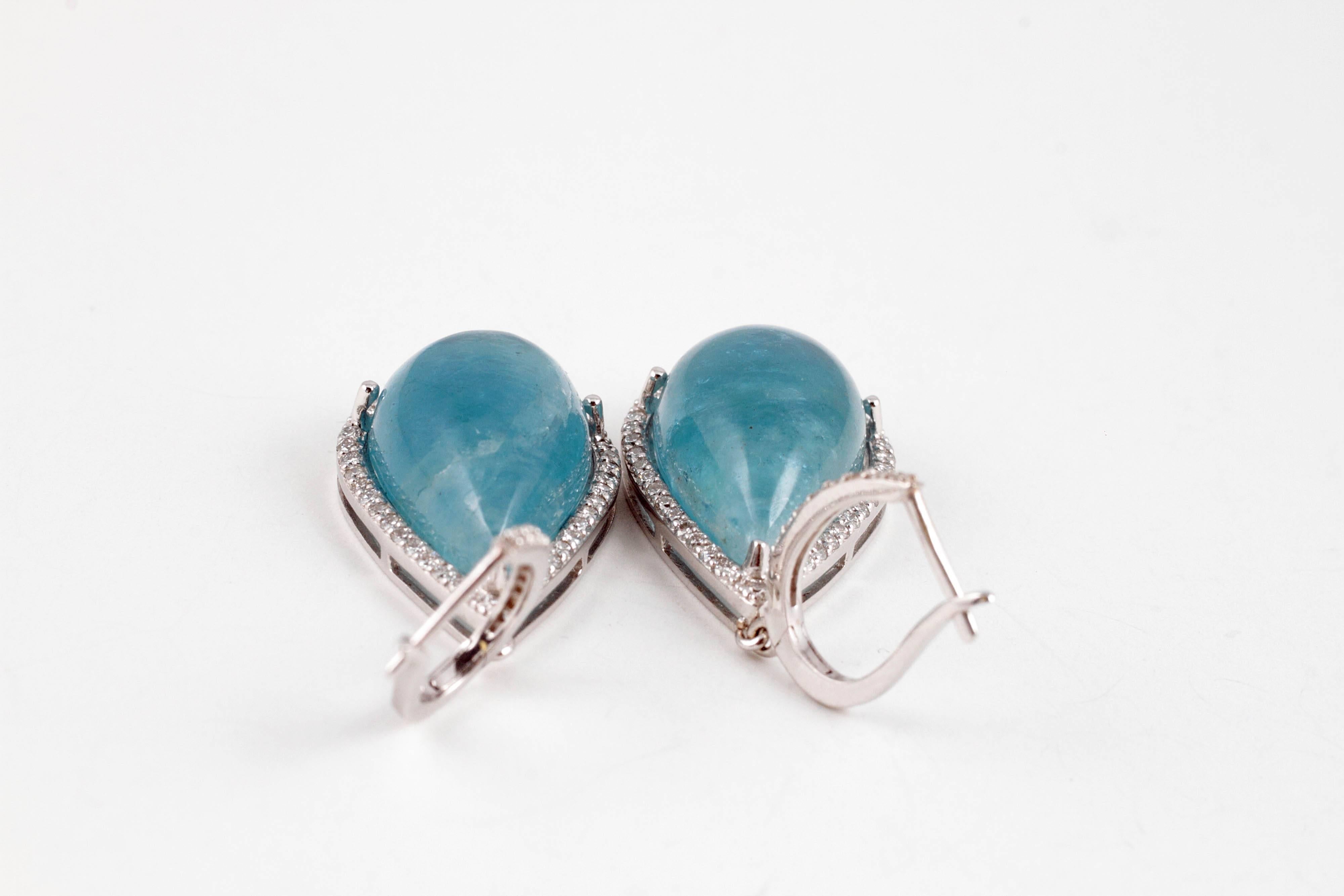 Cabochon-Cut 30.00 Carat Aquamarine Diamond Dangle Earrings 4