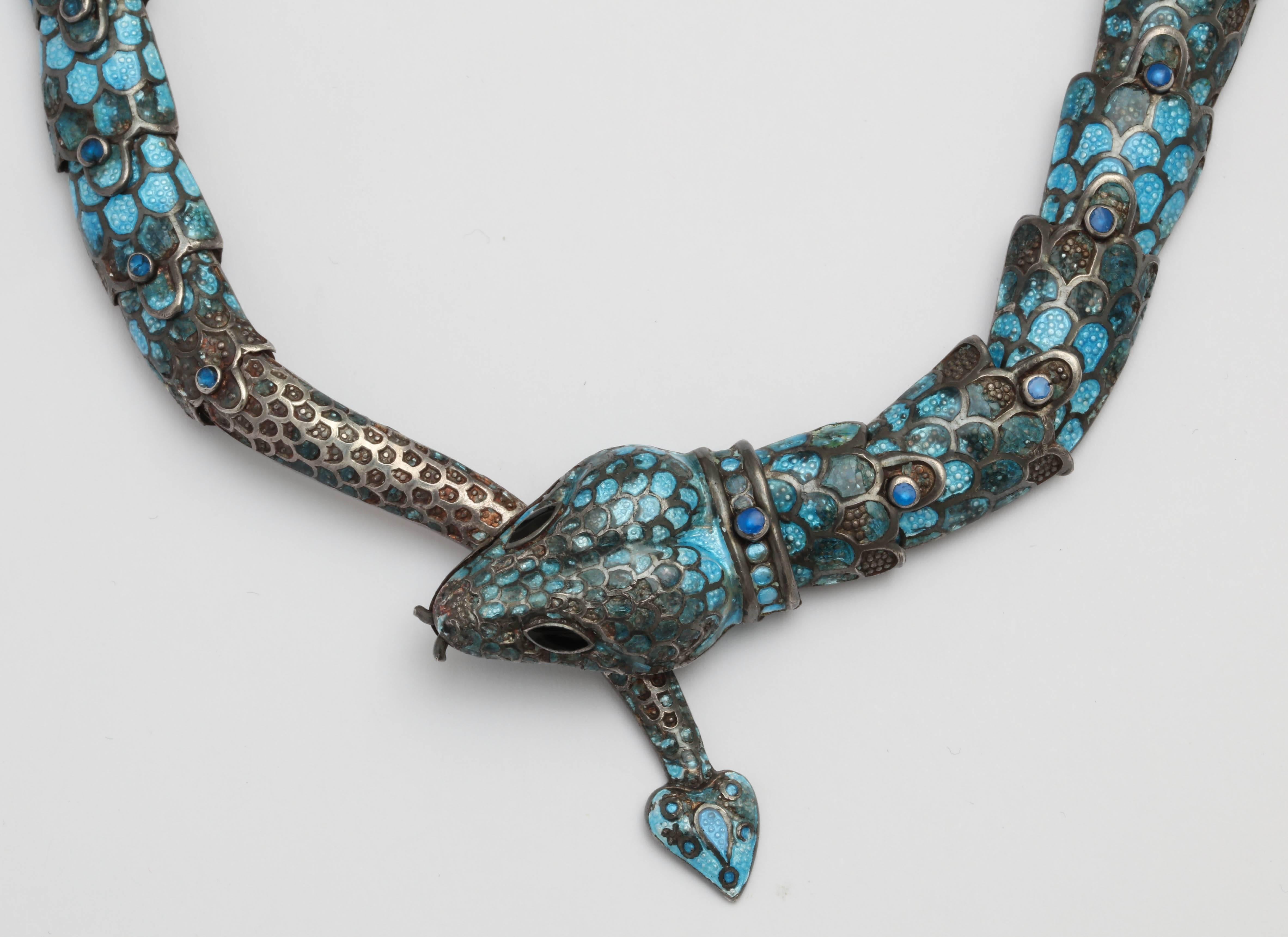 Margot of Taxco - Margot van Voorhies Carr - Magnificent reticulated Serpent in Turquoise Blue enamel with accented raised enamel joints  Early mark - Late 40-s.  Very exotic and hearkening an earlier age when Mexico was for the truly adventurous. 