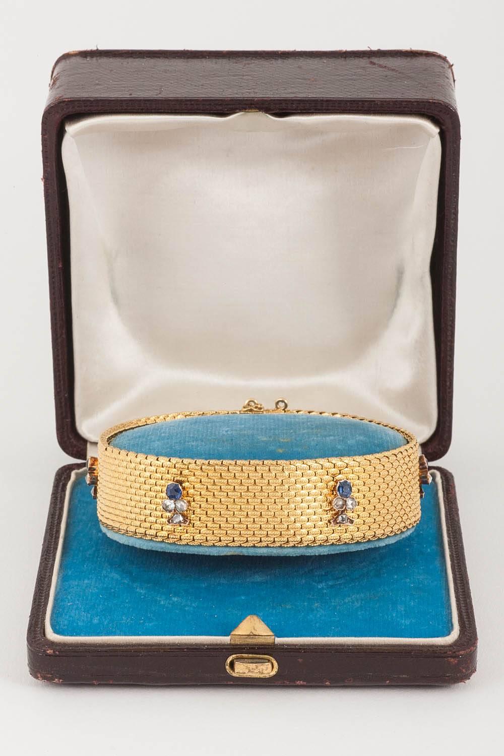 High Victorian Bracelet in 18 Karat Gold with Sapphire & Diamond Trefoils, French circa 1880 For Sale