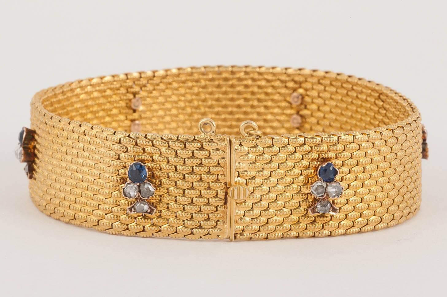 Bracelet in 18 Karat Gold with Sapphire & Diamond Trefoils, French circa 1880 For Sale 2