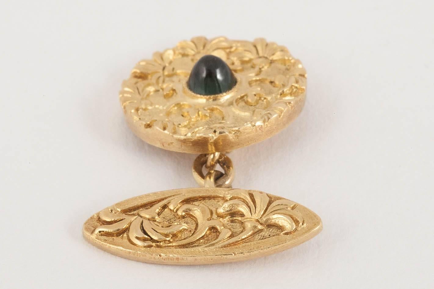 Art Nouveau Cufflinks Heavy Carved 18 Carat Gold and Sapphire, French, circa 1900