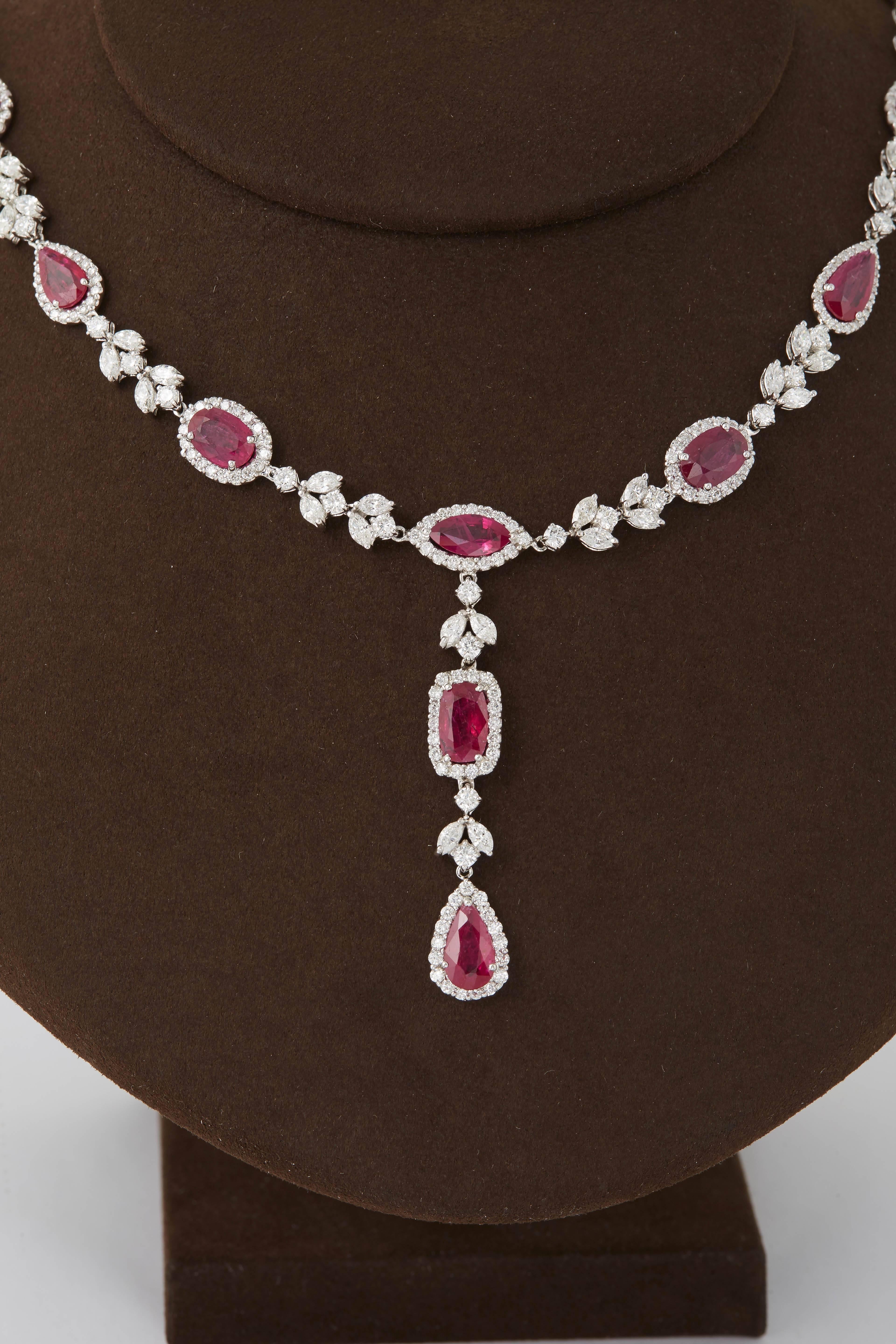 Multi Shape Ruby and Diamond Drop Necklace In New Condition In New York, NY