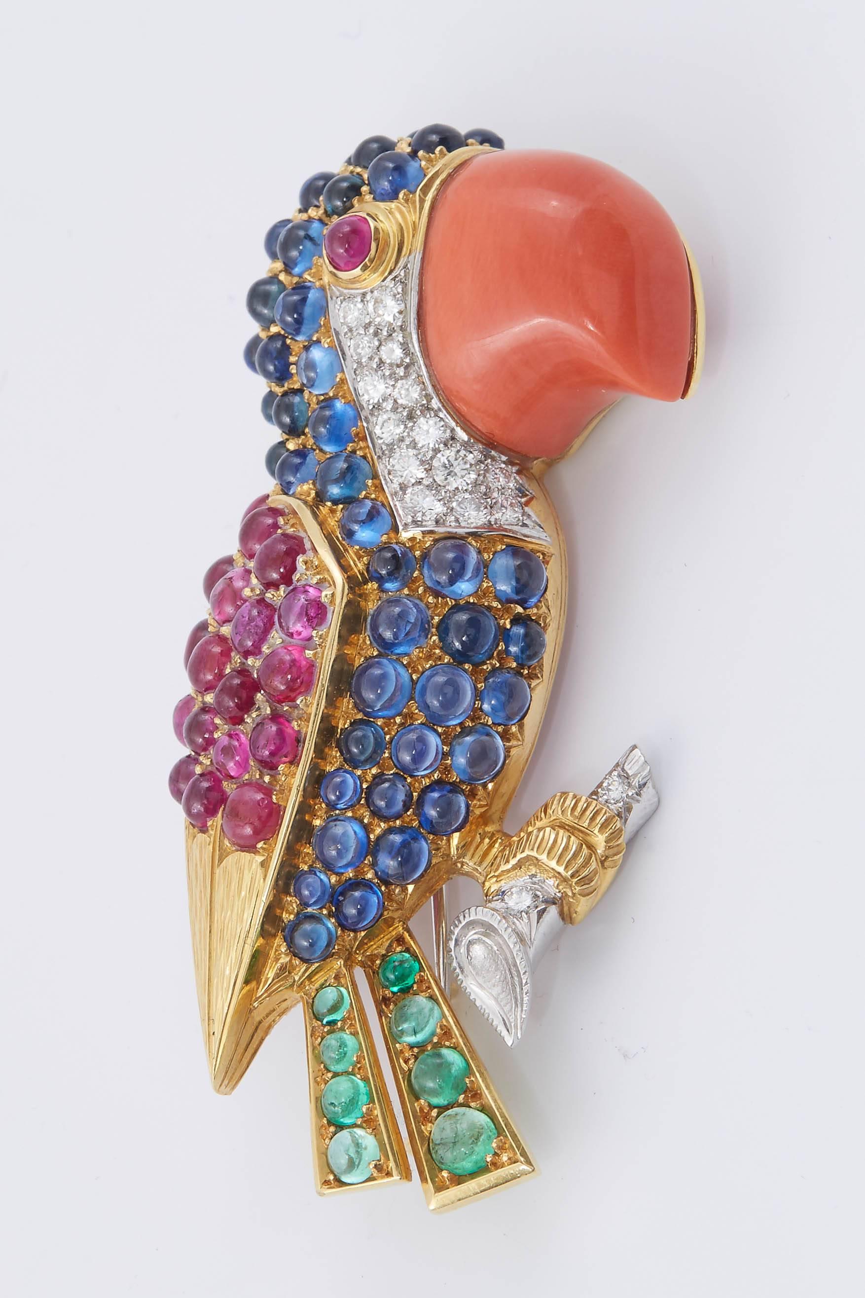 Sapphire Ruby Emerald Diamond Coral Gold Parrot Brooch In Excellent Condition For Sale In New York, NY