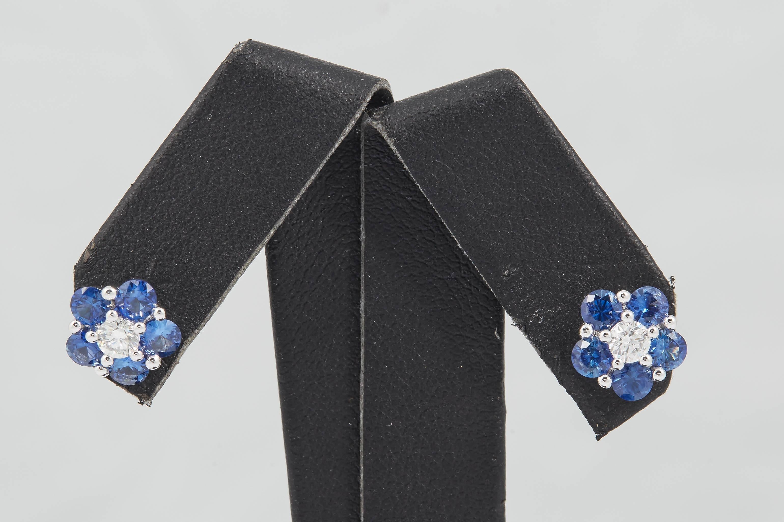 Contemporary Sapphire and Diamonds Flower Shape Studs Earrings