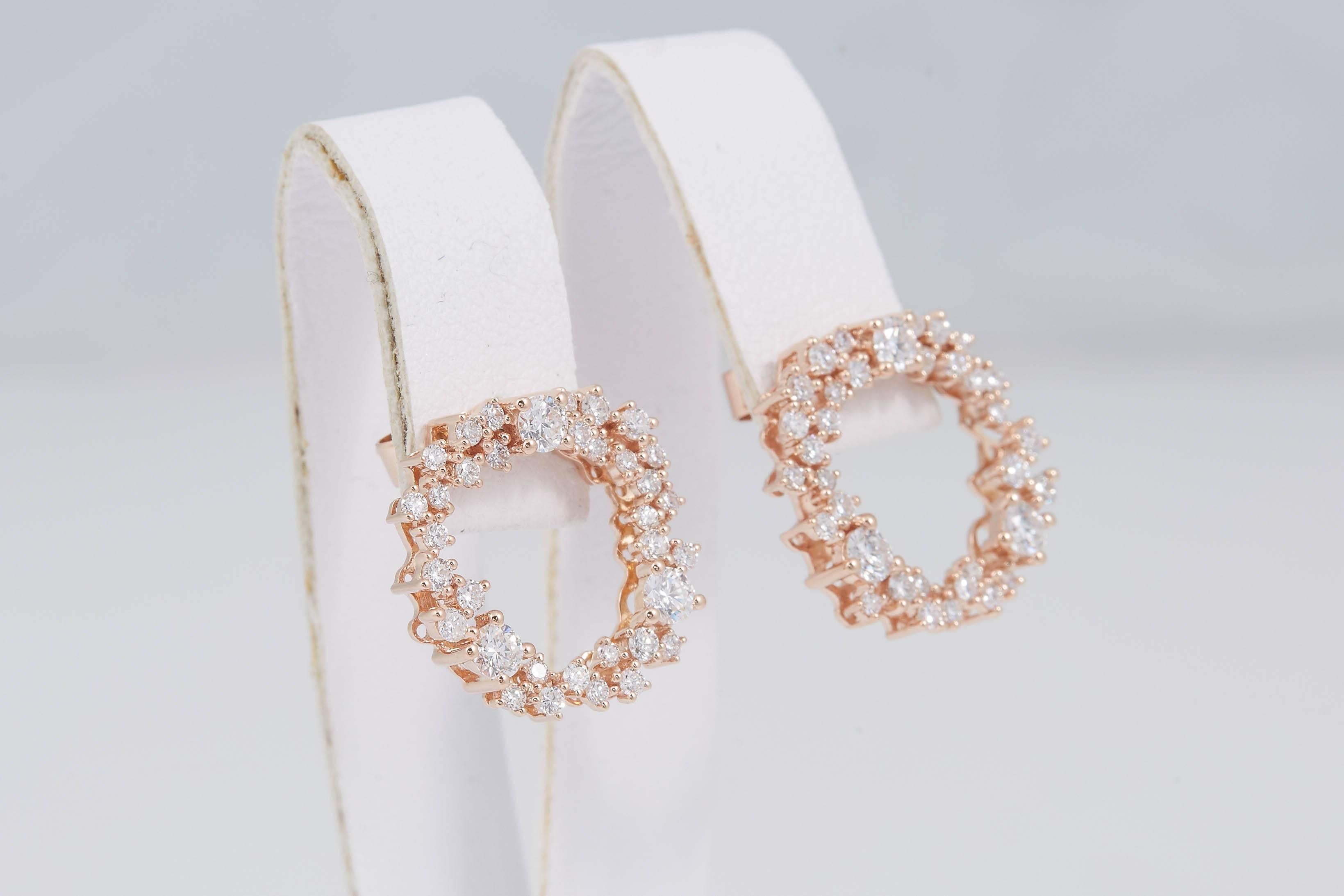 Round Cut Rose Gold and Diamond Hoop Studs Earrings