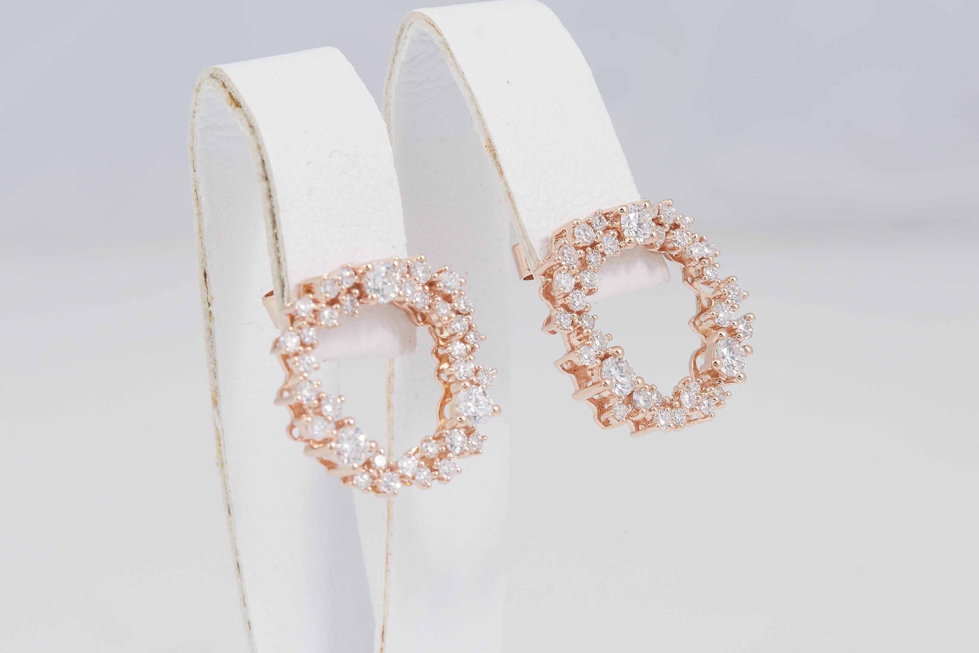 Rose Gold and Diamond Hoop Studs Earrings In New Condition In New York, NY