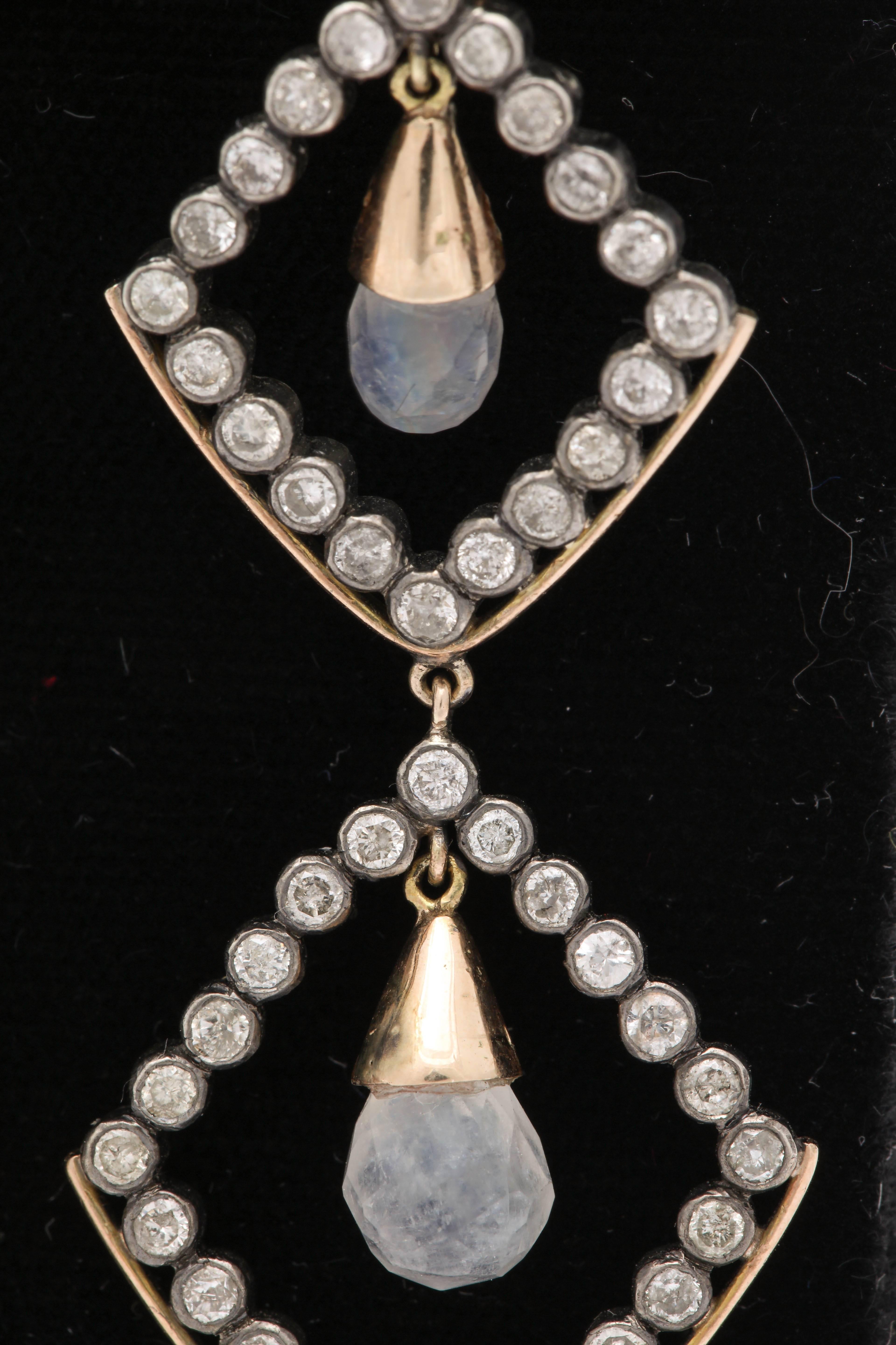 1960s Moonstone Diamonds Triangular Shape Dangle Earrings 1
