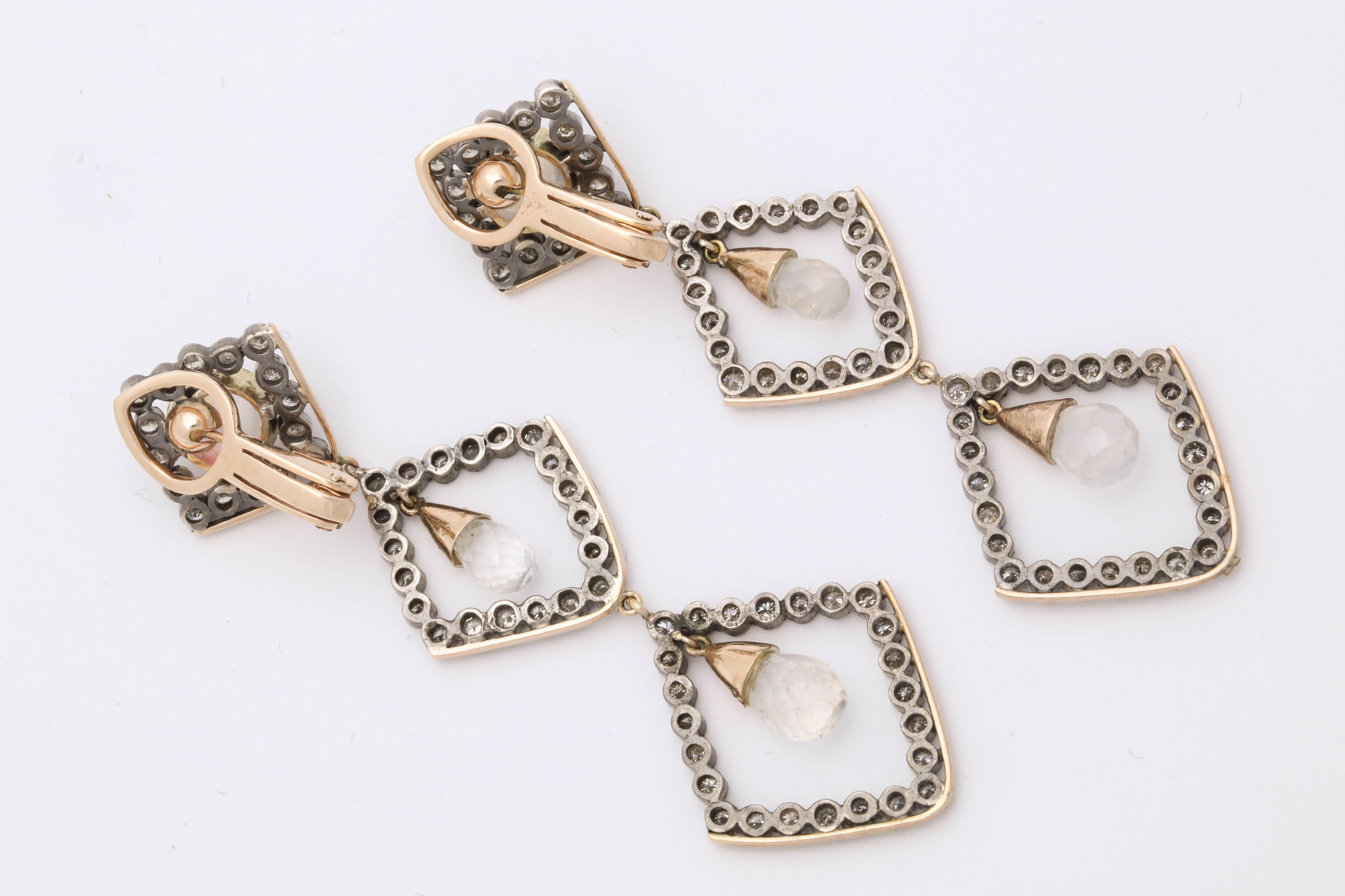 1960s Moonstone Diamonds Triangular Shape Dangle Earrings 2