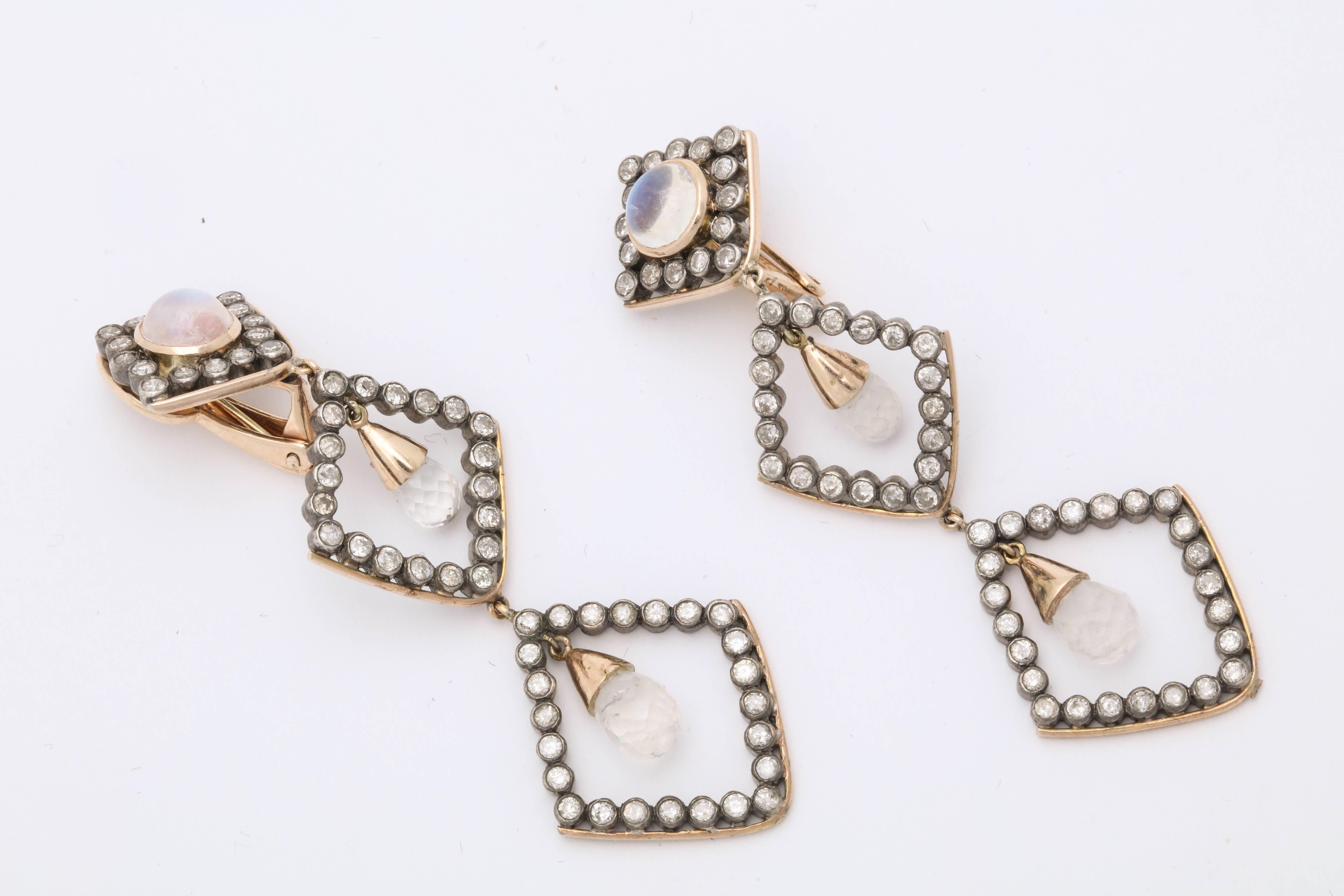 1960s Moonstone Diamonds Triangular Shape Dangle Earrings 3