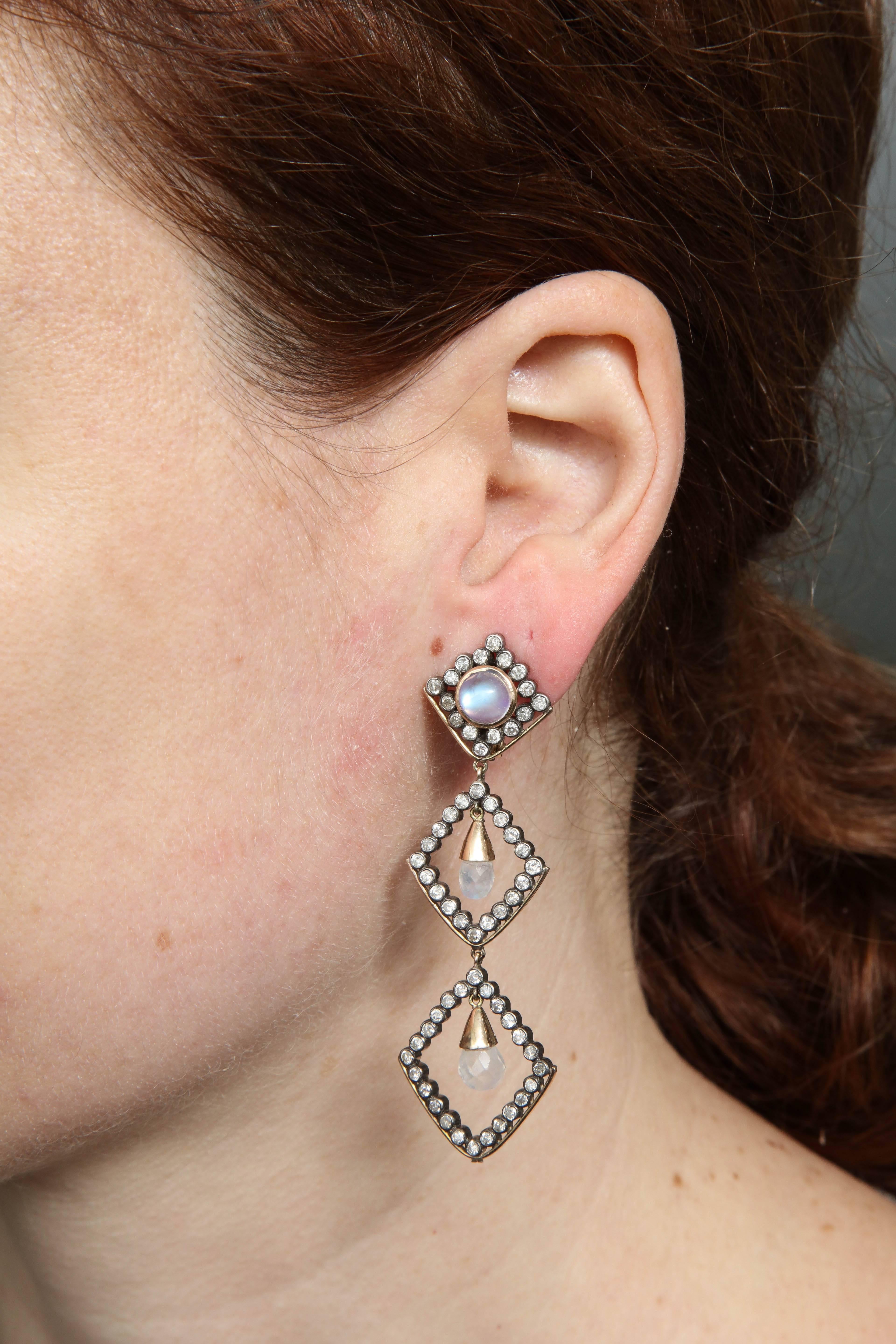 1960s Moonstone Diamonds Triangular Shape Dangle Earrings 4