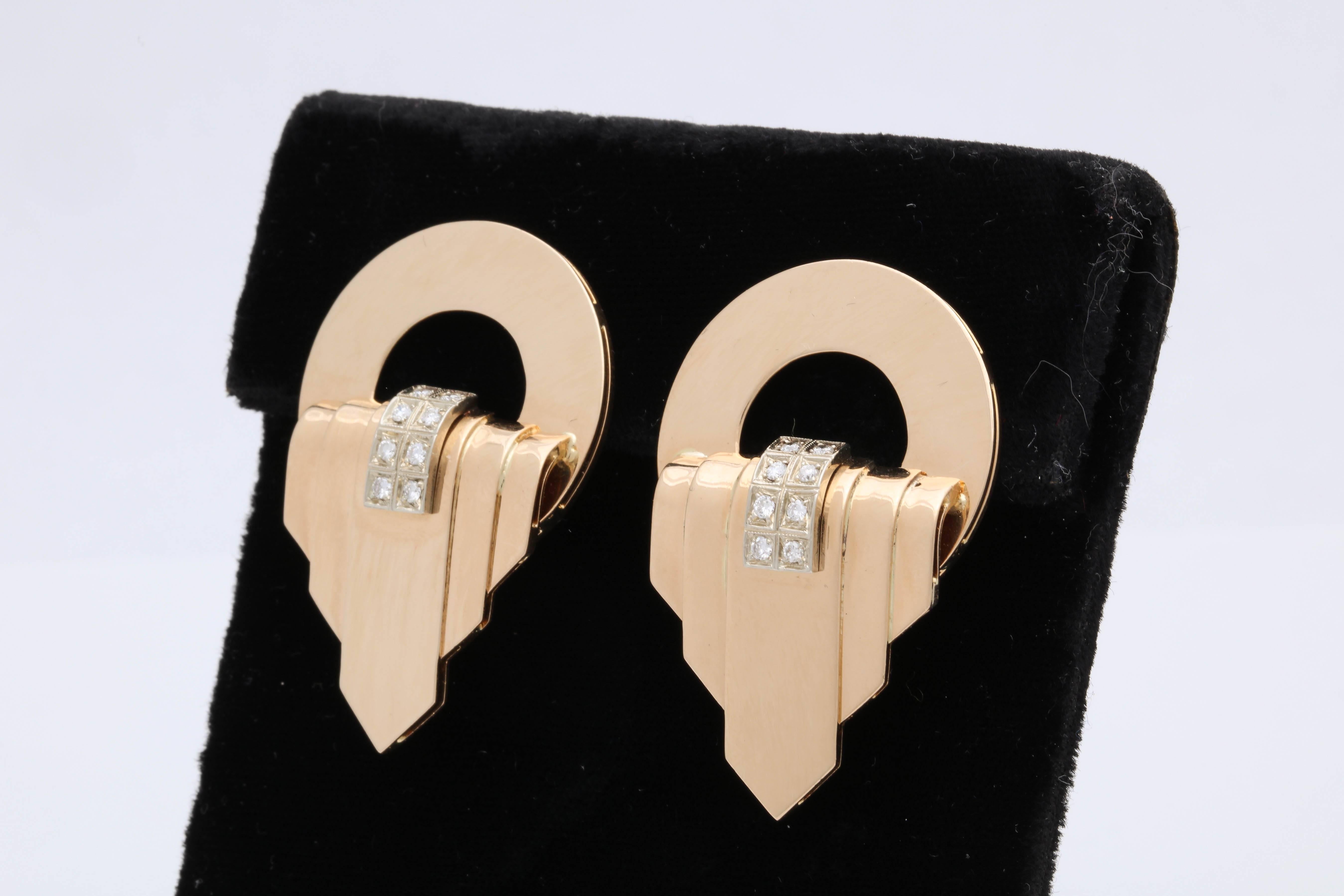 1940s Geometric Design Large Gold with Diamonds Clip Back Earrings In Good Condition In New York, NY