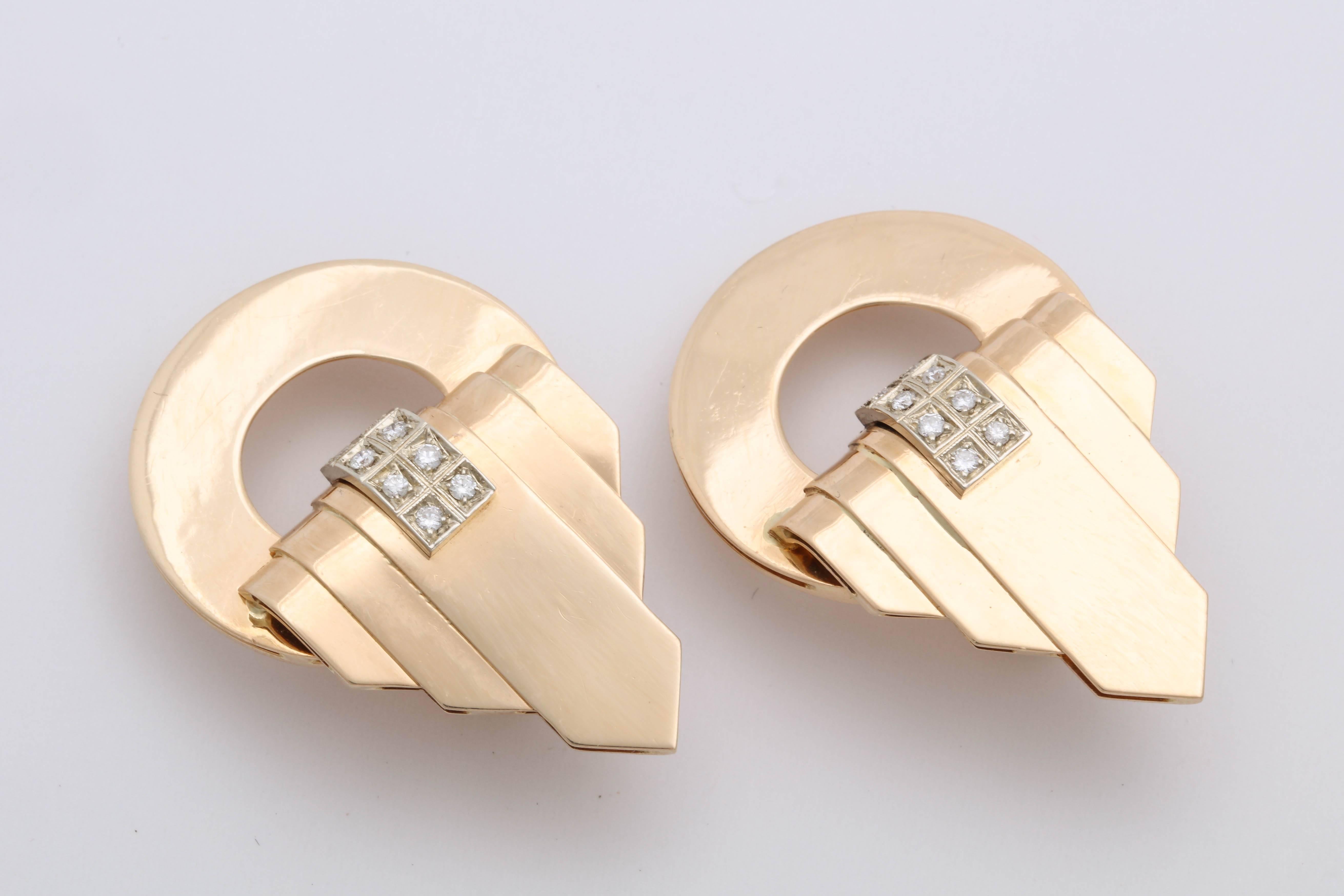 Women's 1940s Geometric Design Large Gold with Diamonds Clip Back Earrings
