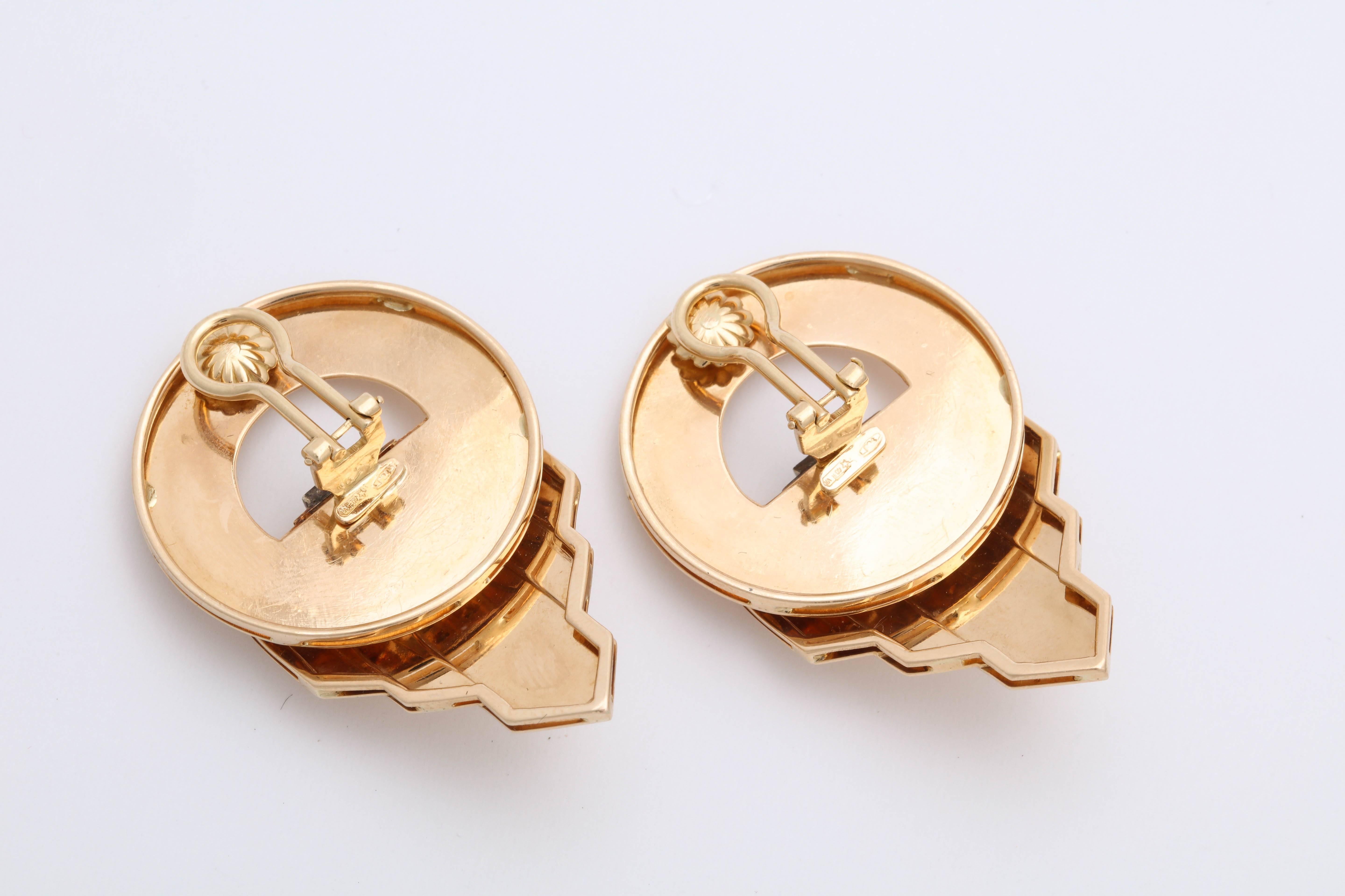 1940s Geometric Design Large Gold with Diamonds Clip Back Earrings 1