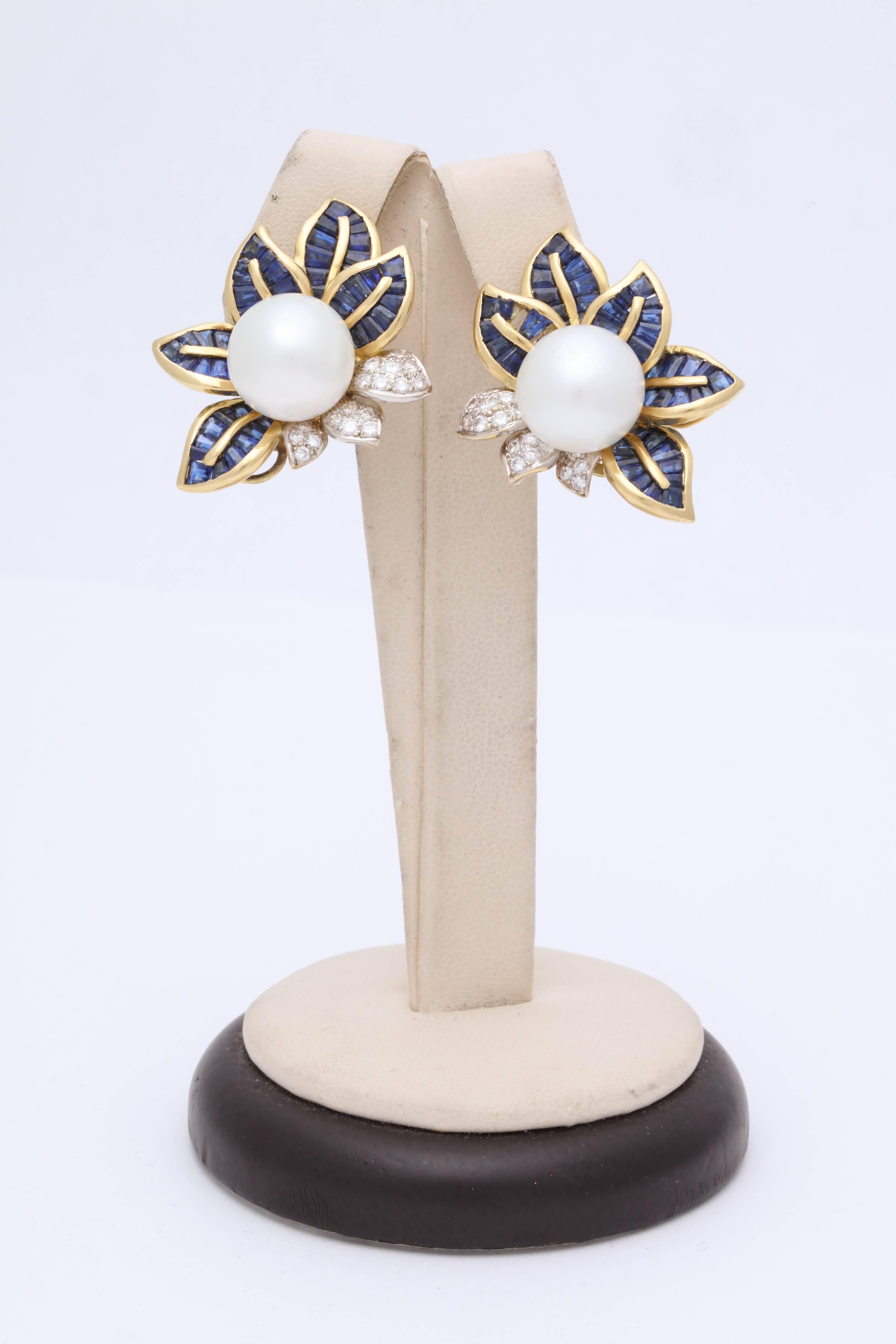 Round Cut 1980s Floral Leaf Large South Sea Pearl with Sapphires and Diamonds Earrings