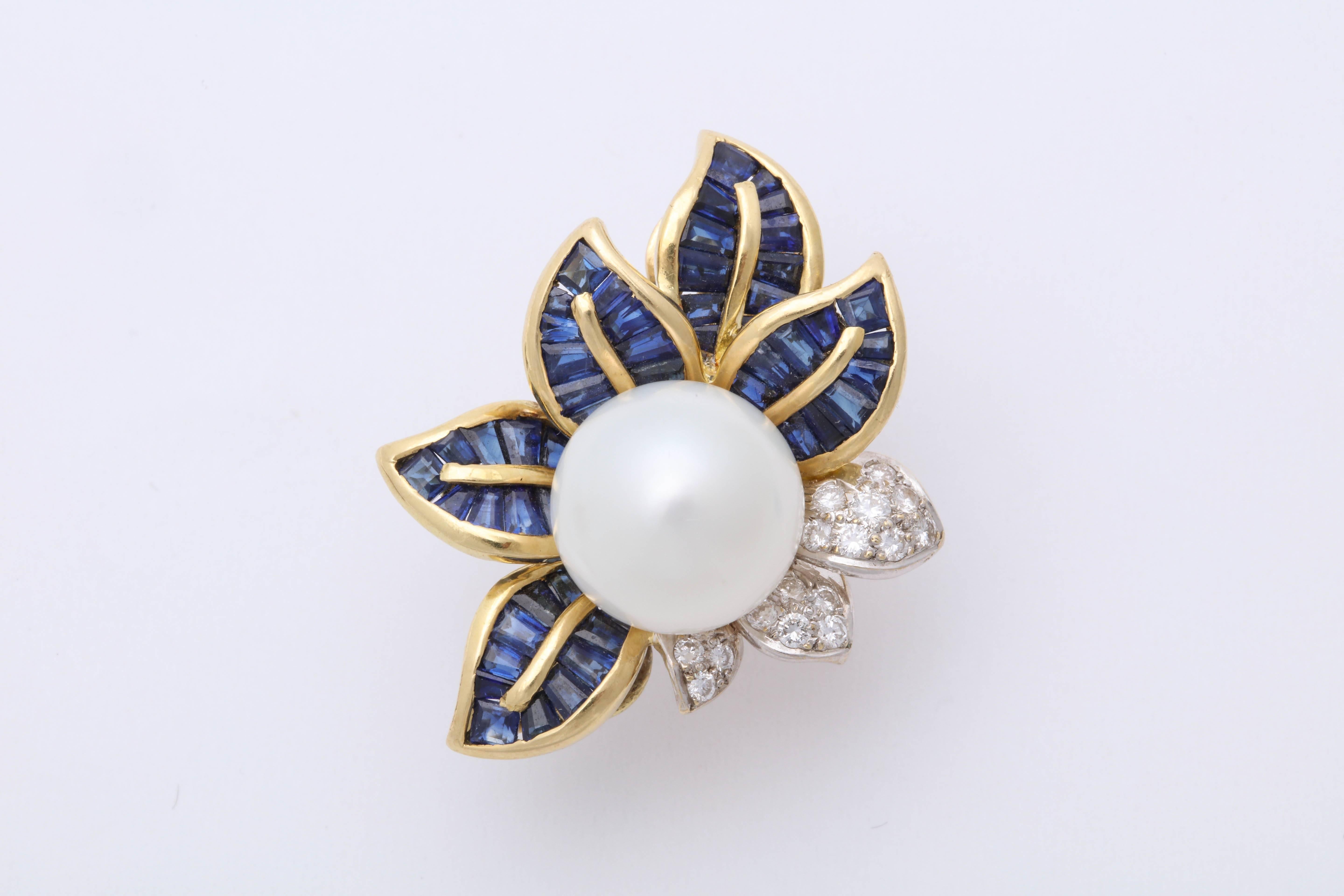 1980s Floral Leaf Large South Sea Pearl with Sapphires and Diamonds Earrings In Good Condition In New York, NY