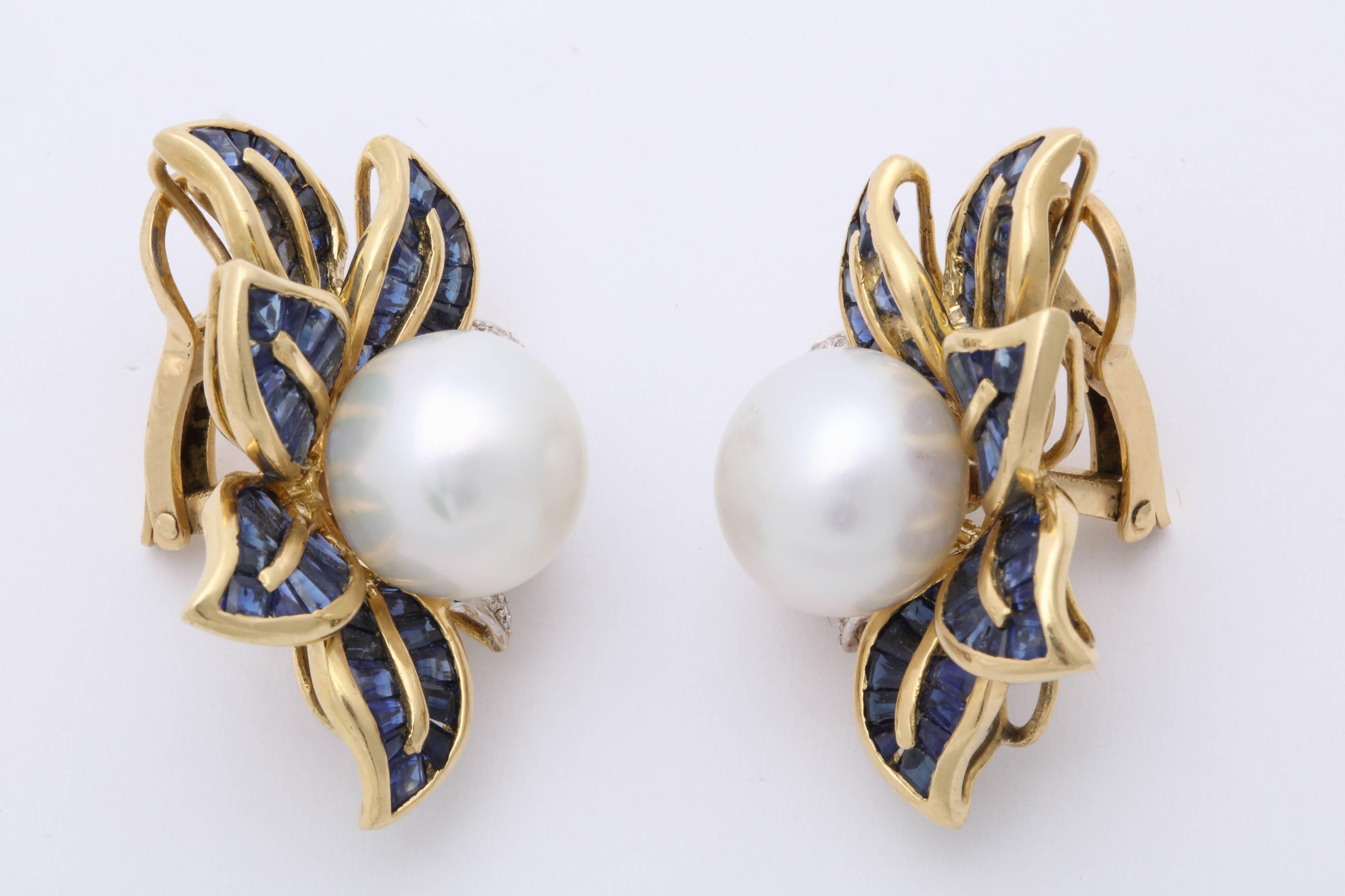 Women's 1980s Floral Leaf Large South Sea Pearl with Sapphires and Diamonds Earrings