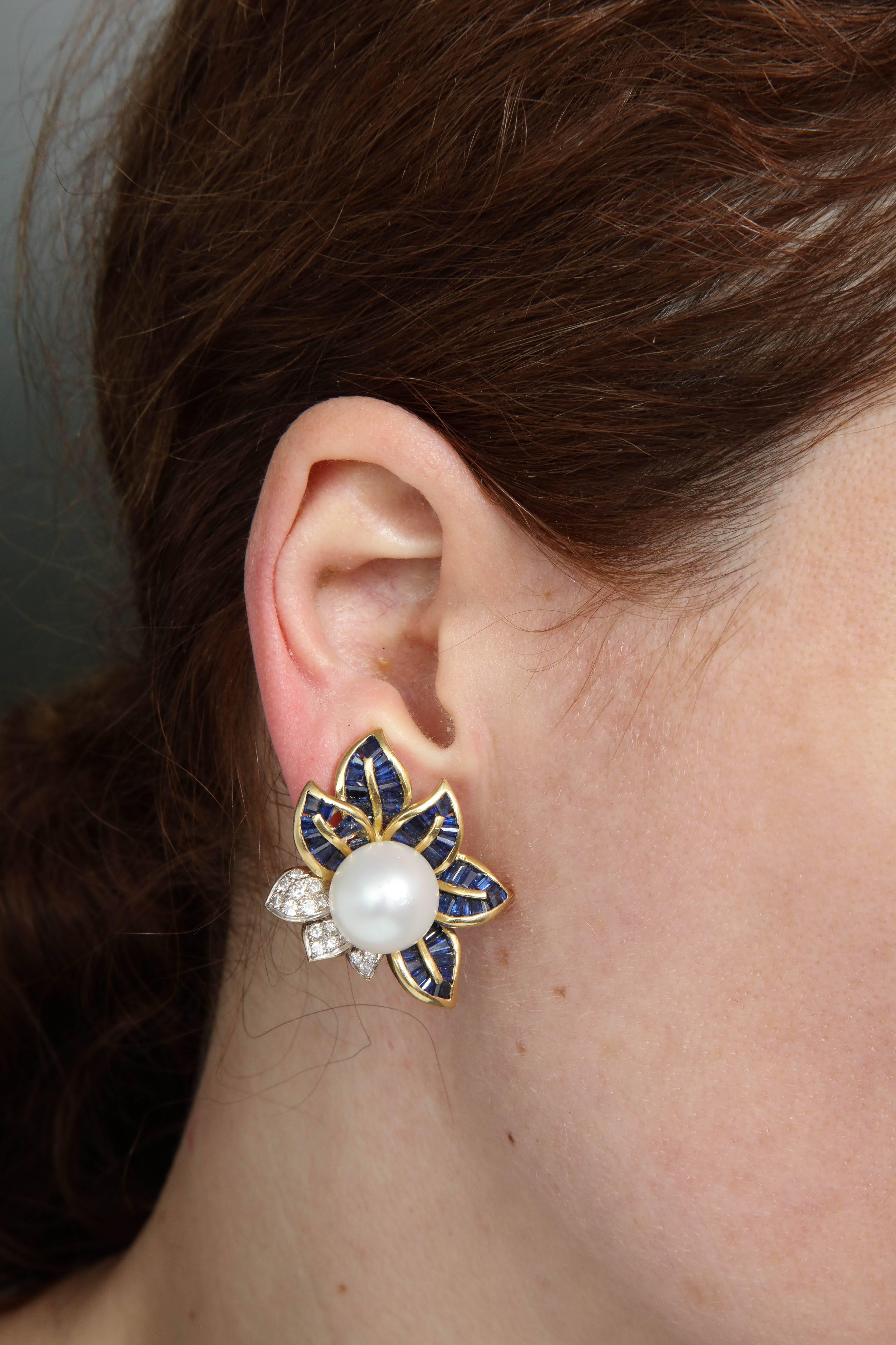 1980s Floral Leaf Large South Sea Pearl with Sapphires and Diamonds Earrings 2