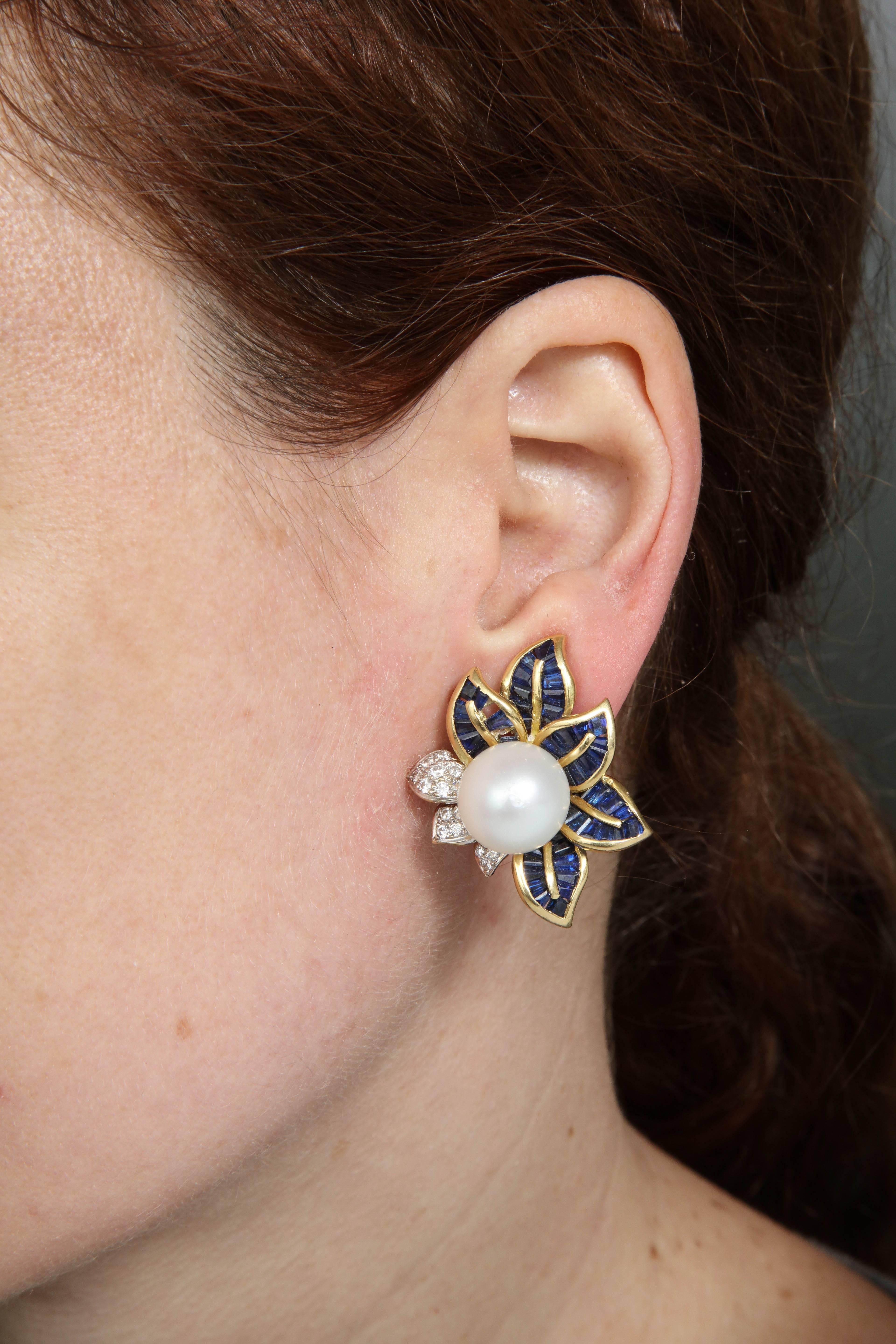 1980s Floral Leaf Large South Sea Pearl with Sapphires and Diamonds Earrings 3