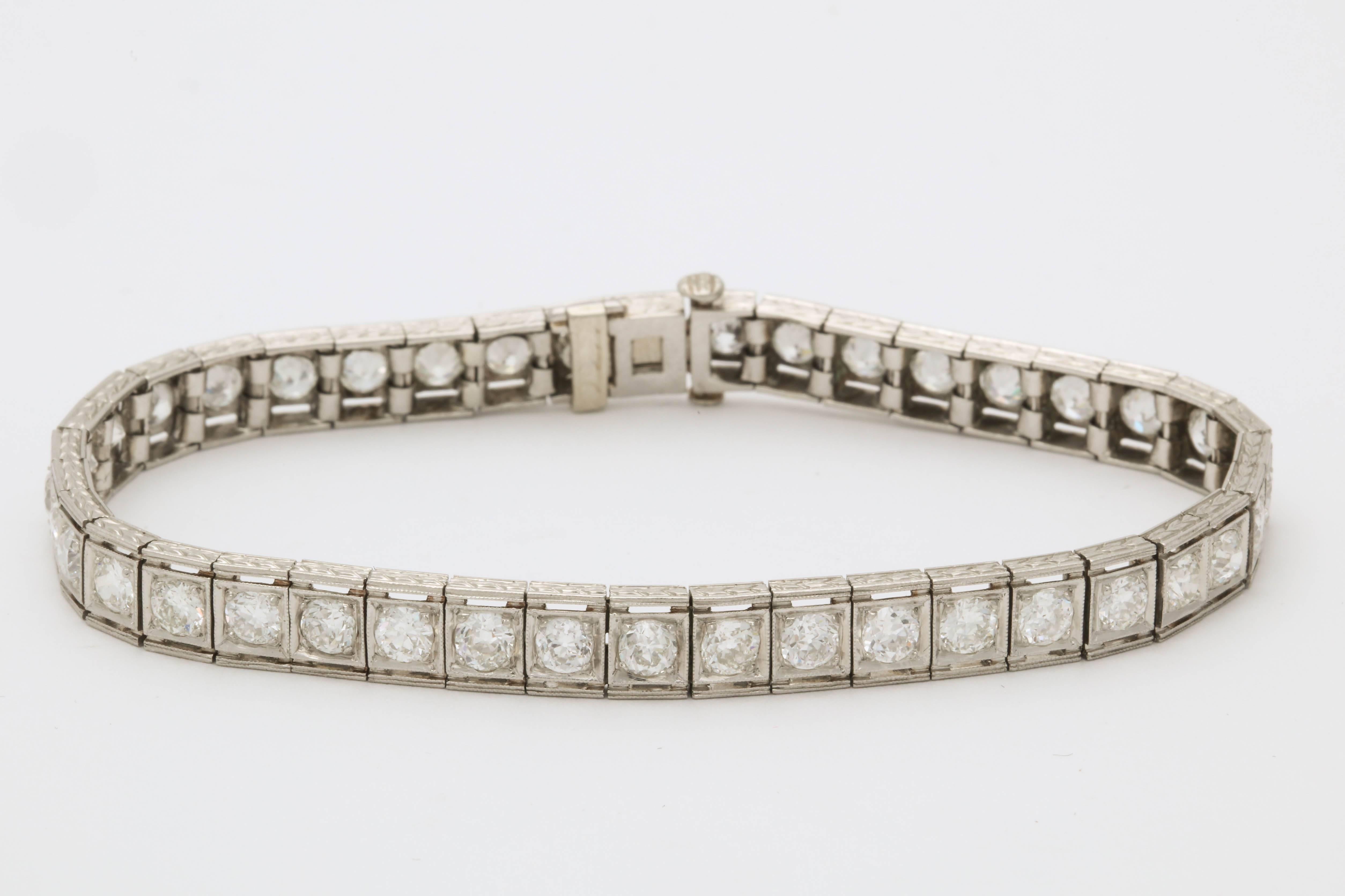 One Ladies Flexible Straightline Bracelet Designed With Forty Old European Measuring .18pts Each . Total Diamond Weight= 7.20 Carats.All Diamonds Beautifully Set In A Handmade Milgrain Setting.Beautiful Decorated On The Sides Of The Highly Flexible