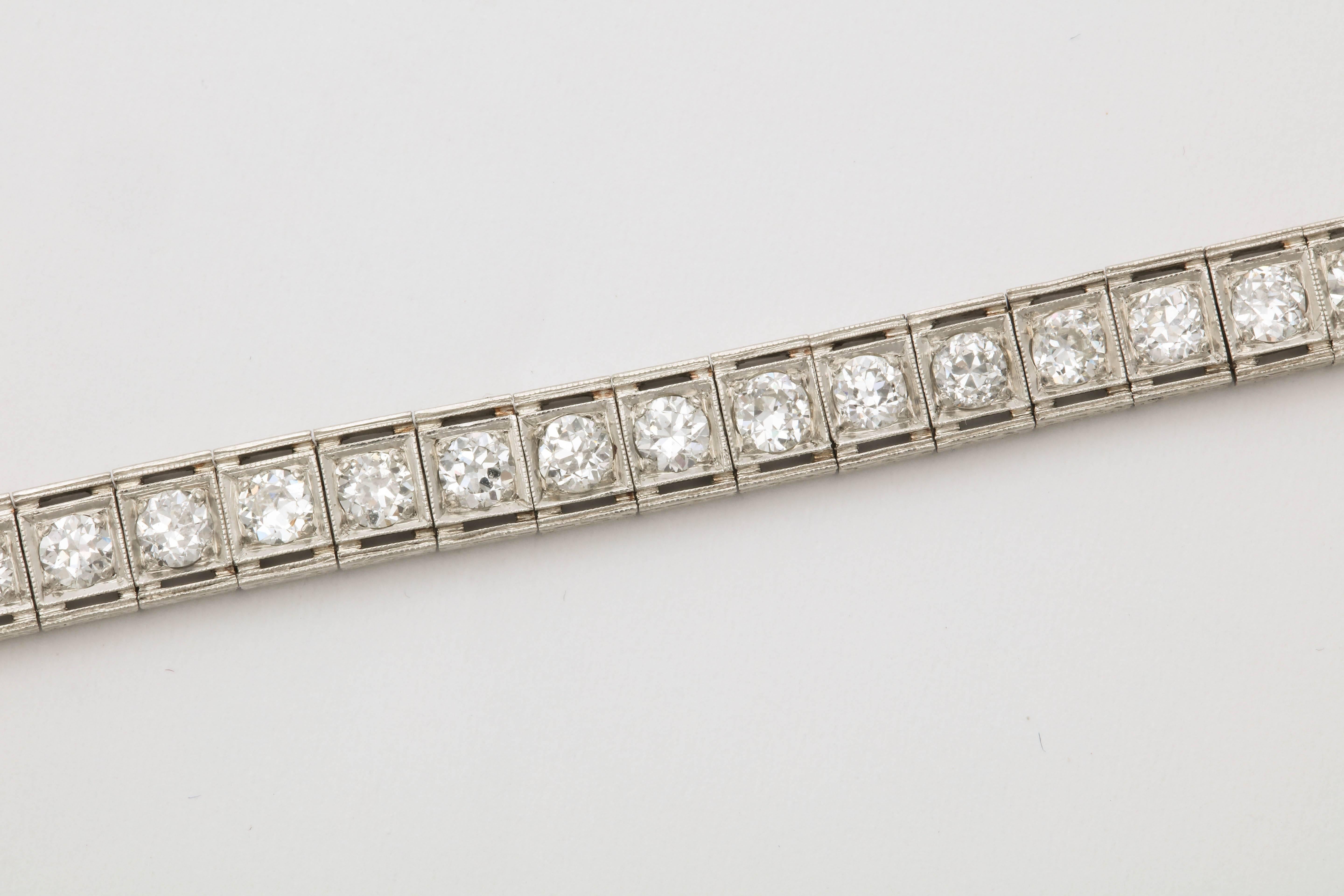 Women's Art Deco Flexible Hand Engraved Antique Diamond Platinum Straightline Bracelet