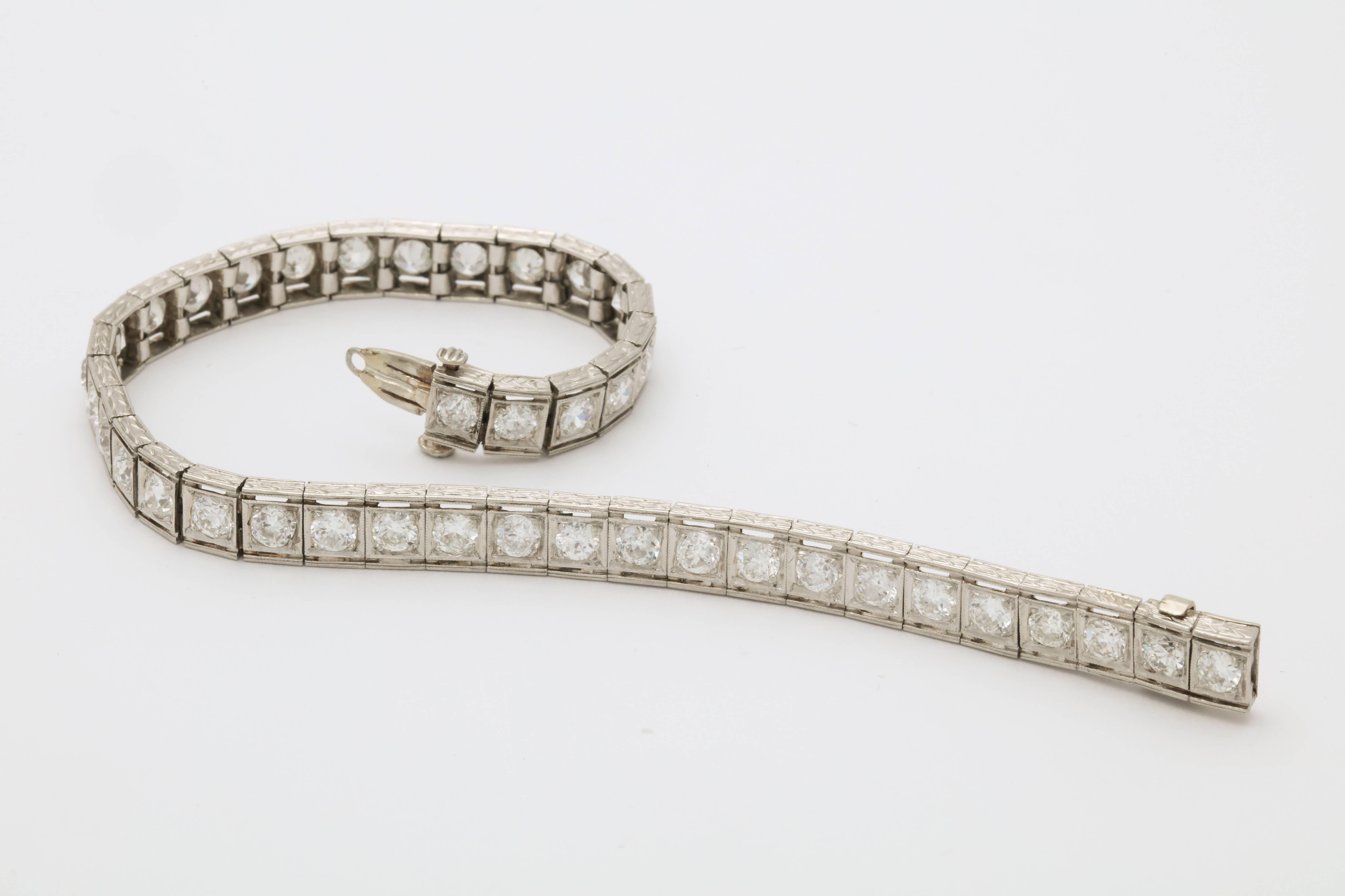 Art Deco Flexible Hand Engraved Antique Diamond Platinum Straightline Bracelet 1