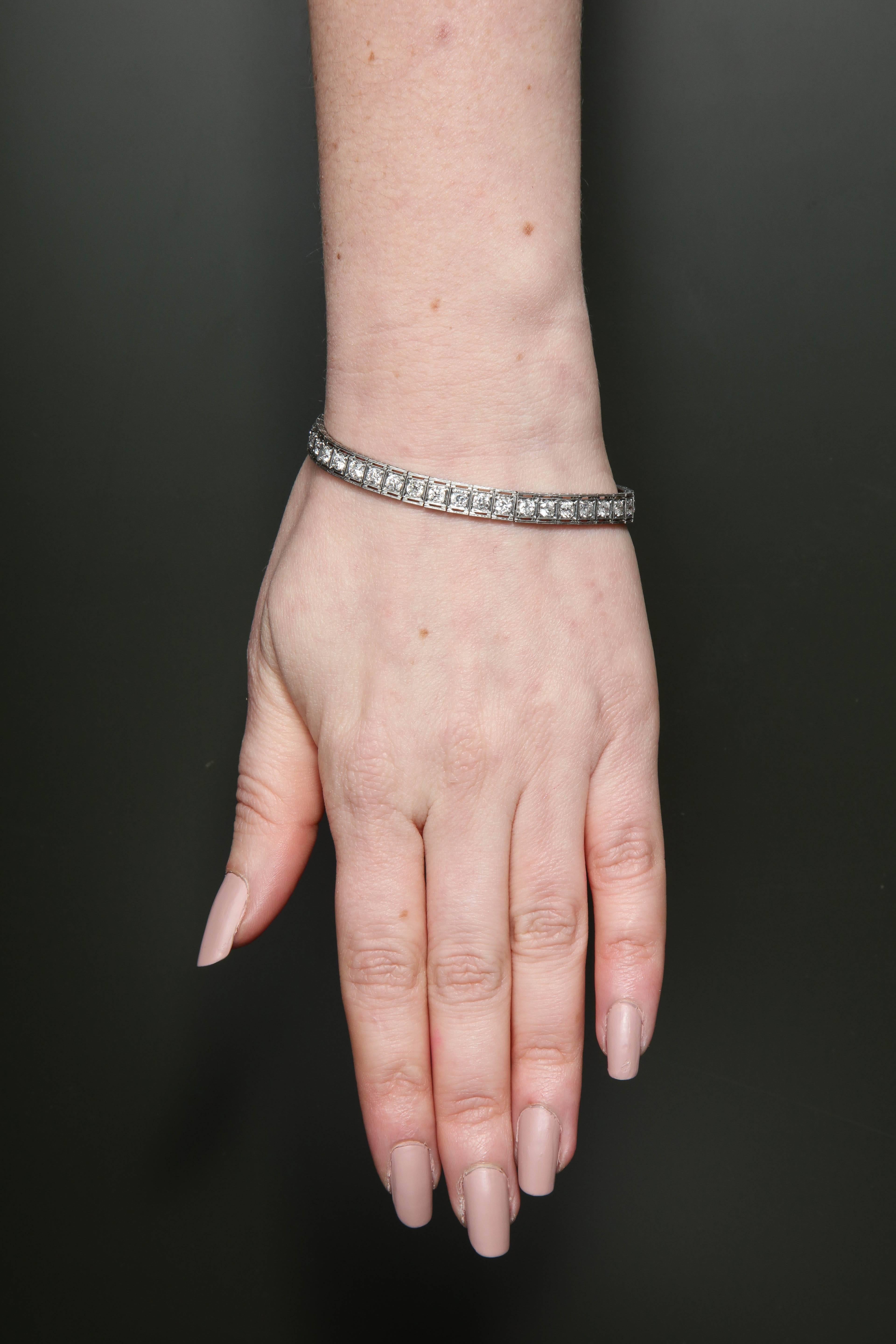 Art Deco Flexible Hand Engraved Antique Diamond Platinum Straightline Bracelet 3