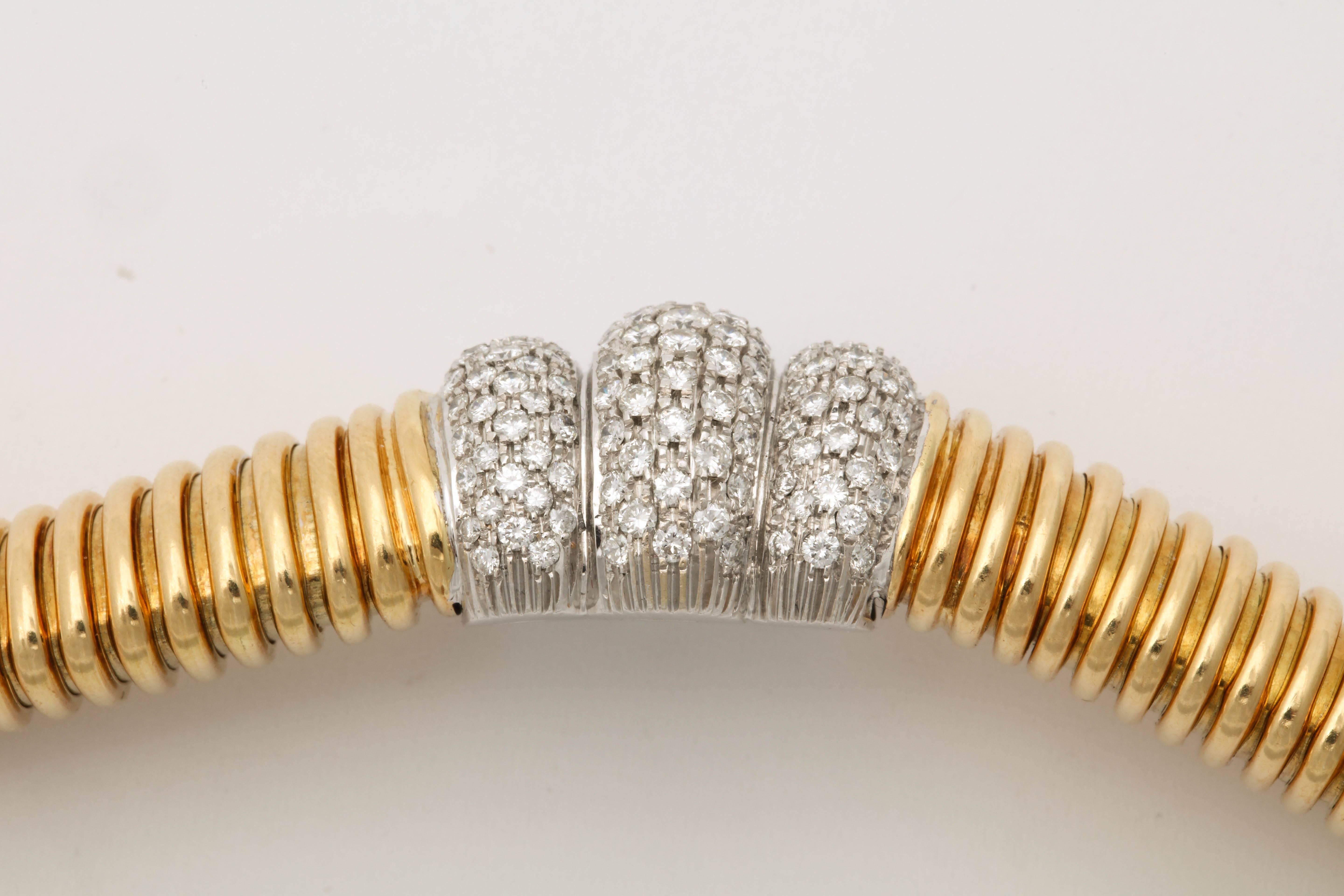 Women's 1980s Flexible Tubogas Snake Diamond and High Polish Ridged Gold Bracelet