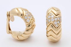 1980s Half Hoop Design Chevron Style Diamond and Gold Earrings with Clip Backs