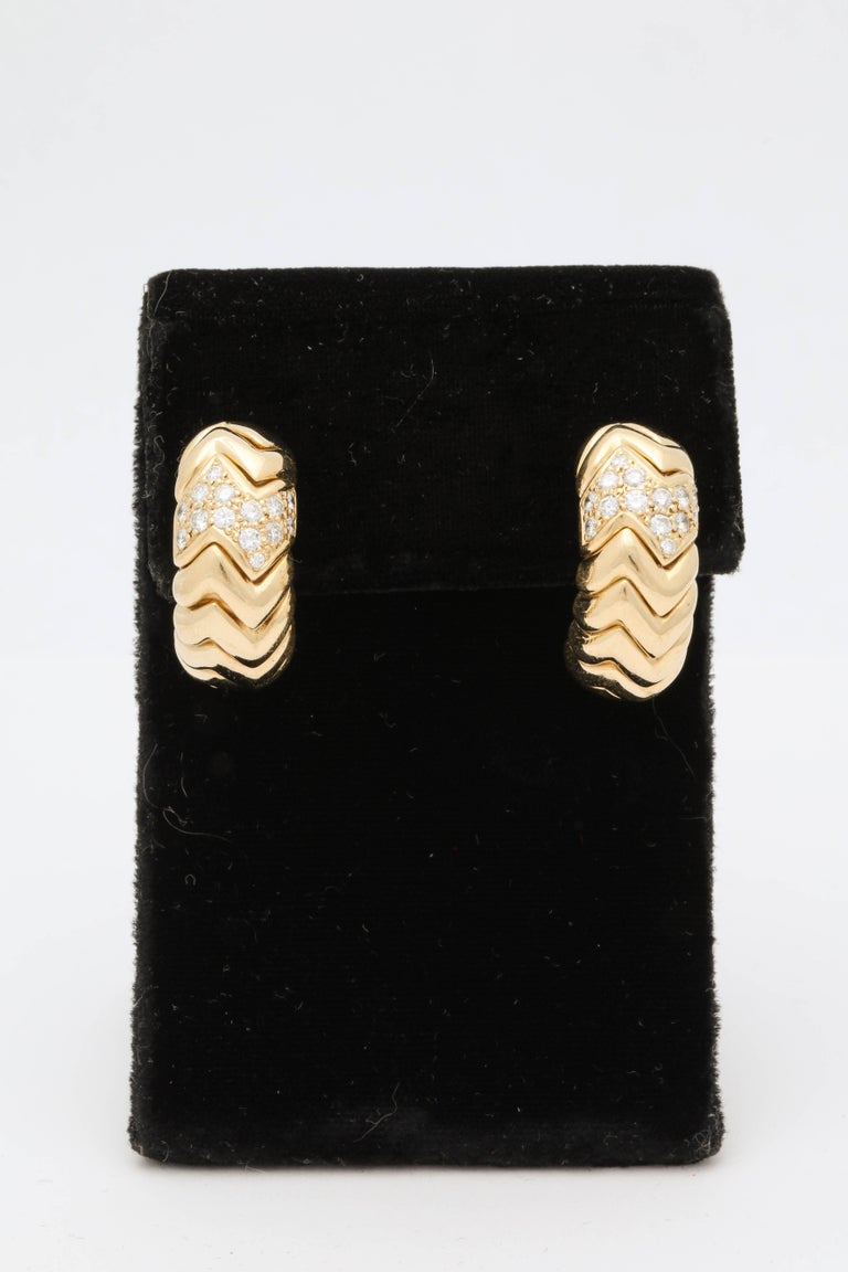 Round Cut 1980s Half Hoop Design Chevron Style Diamond and Gold Earrings with Clip Backs For Sale
