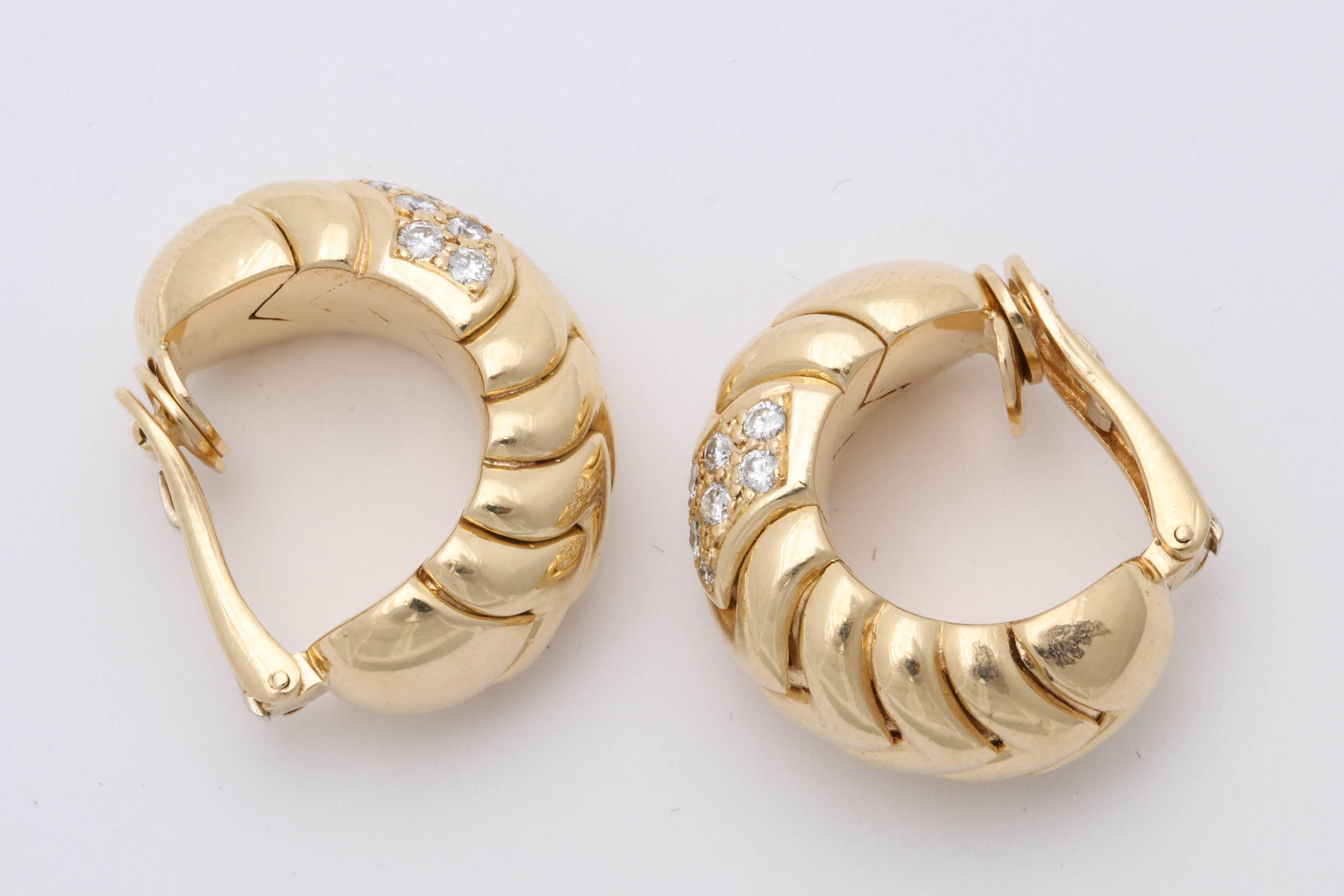 Women's 1980s Half Hoop Design Chevron Style Diamond and Gold Earrings with Clip Backs For Sale