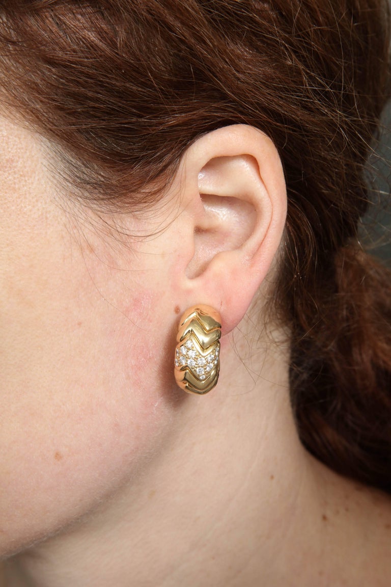 1980s Half Hoop Design Chevron Style Diamond and Gold Earrings with Clip Backs For Sale 5