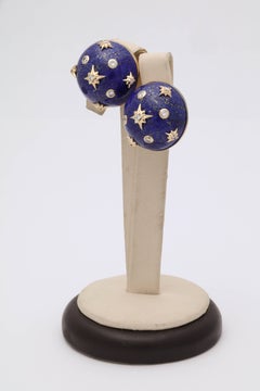 Trianon 1980s Lapis Lazuli with Diamonds Gold Ball Sphere Earrings with Clips