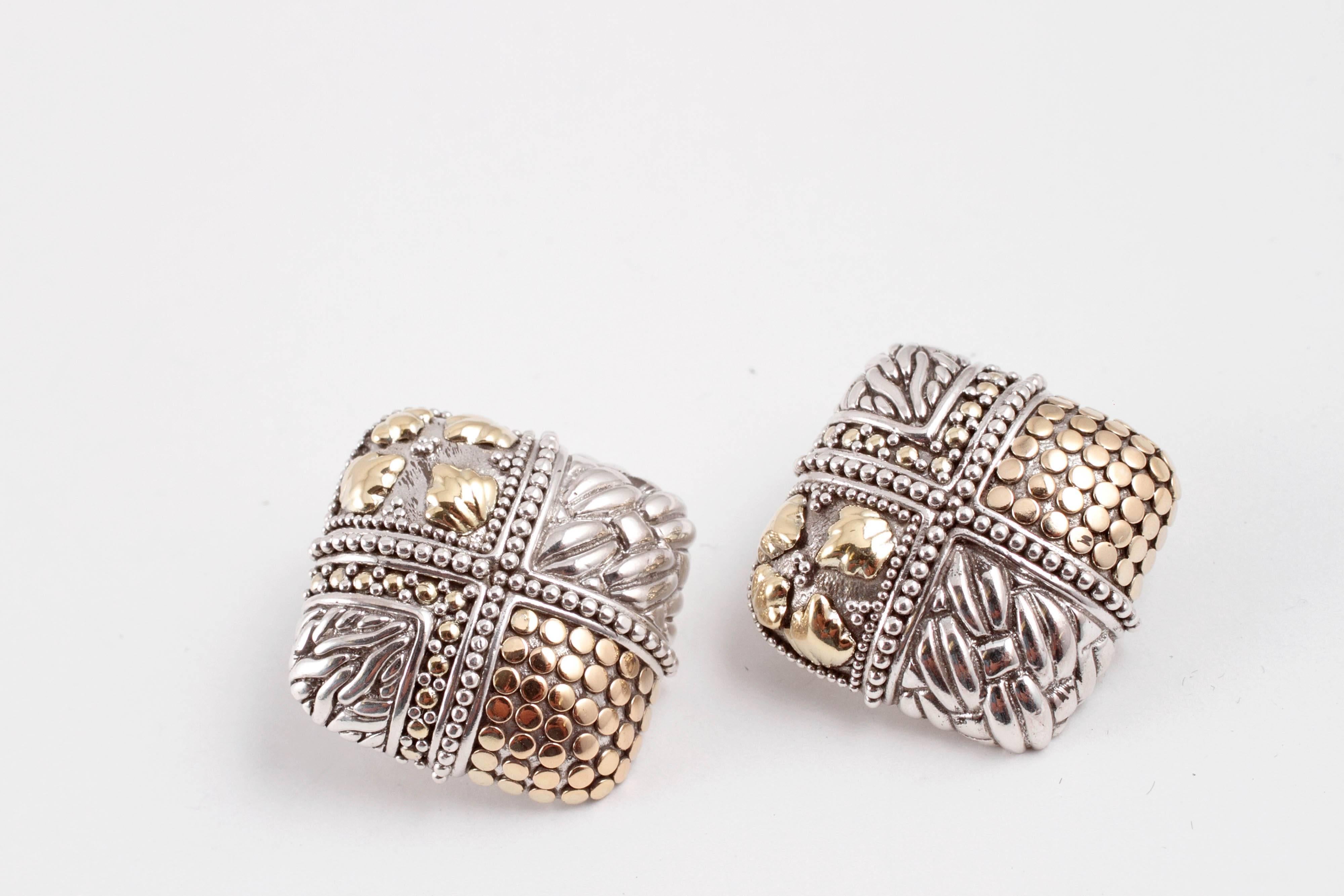 John Hardy square earrings in sterling silver with 18 karat yellow gold accents and comfortable omega backs.