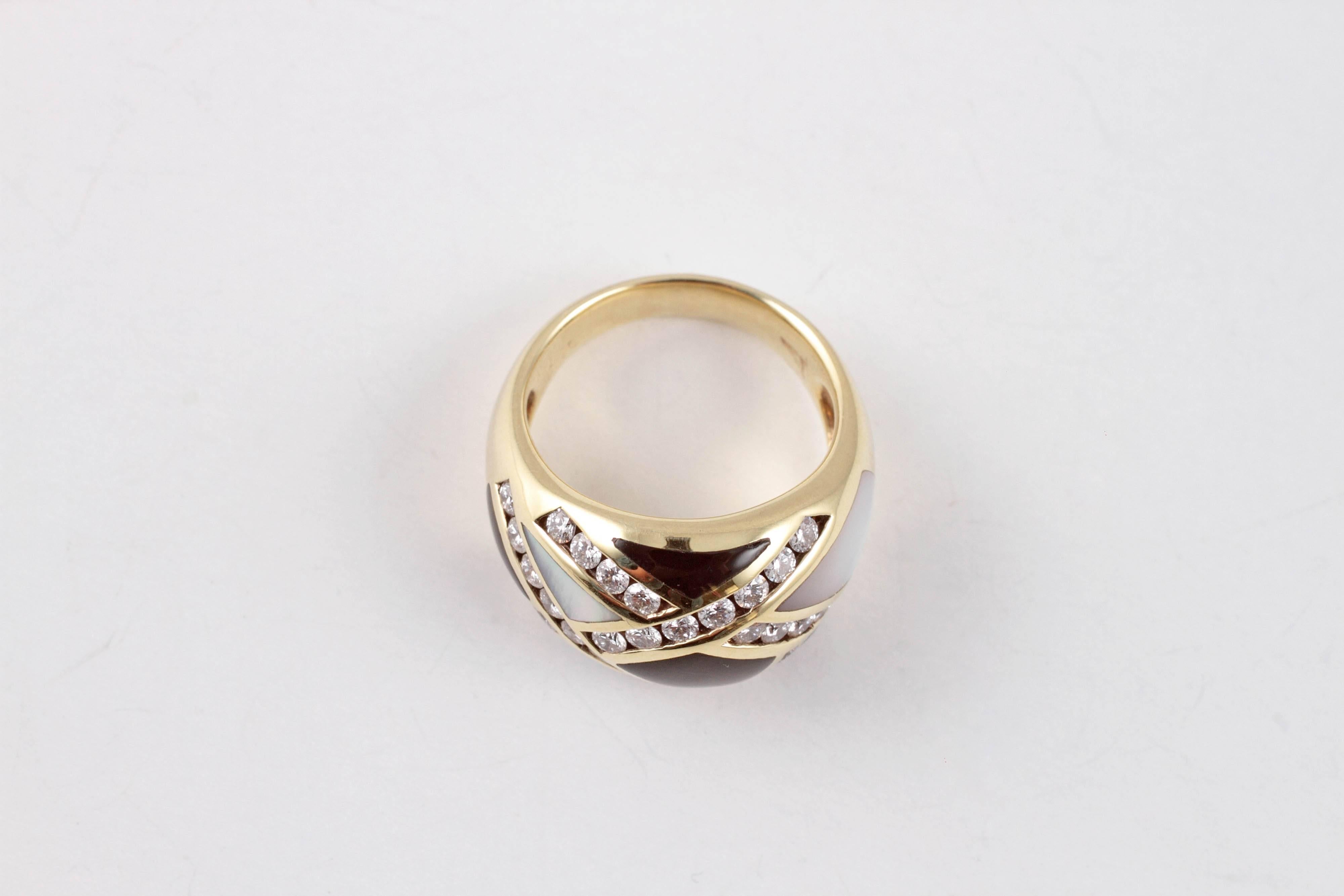 Asch Grossbardt Yellow Gold Diamond Mother-of-Pearl and Onyx Ring 2