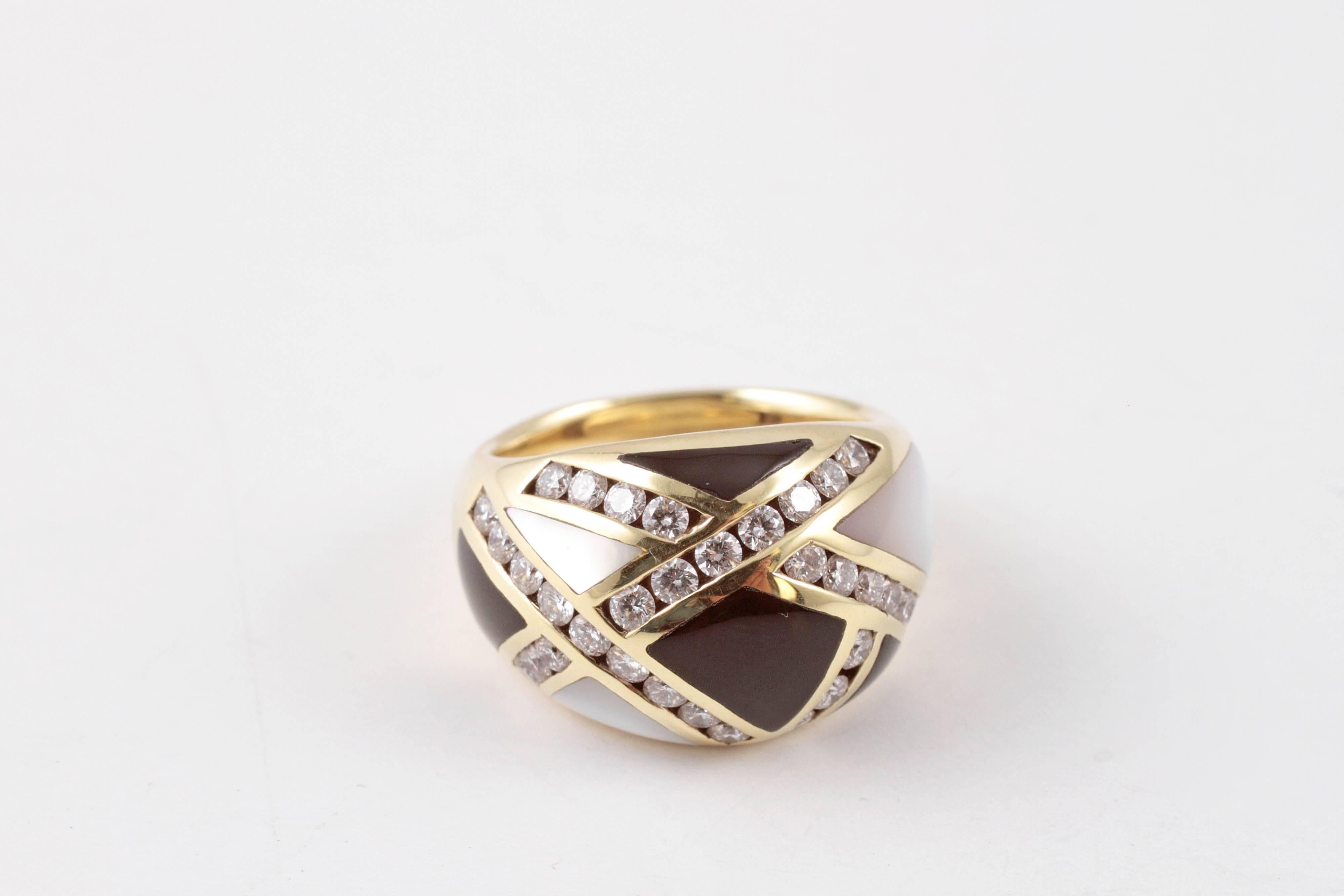 Asch Grossbardt Yellow Gold Diamond Mother-of-Pearl and Onyx Ring 3
