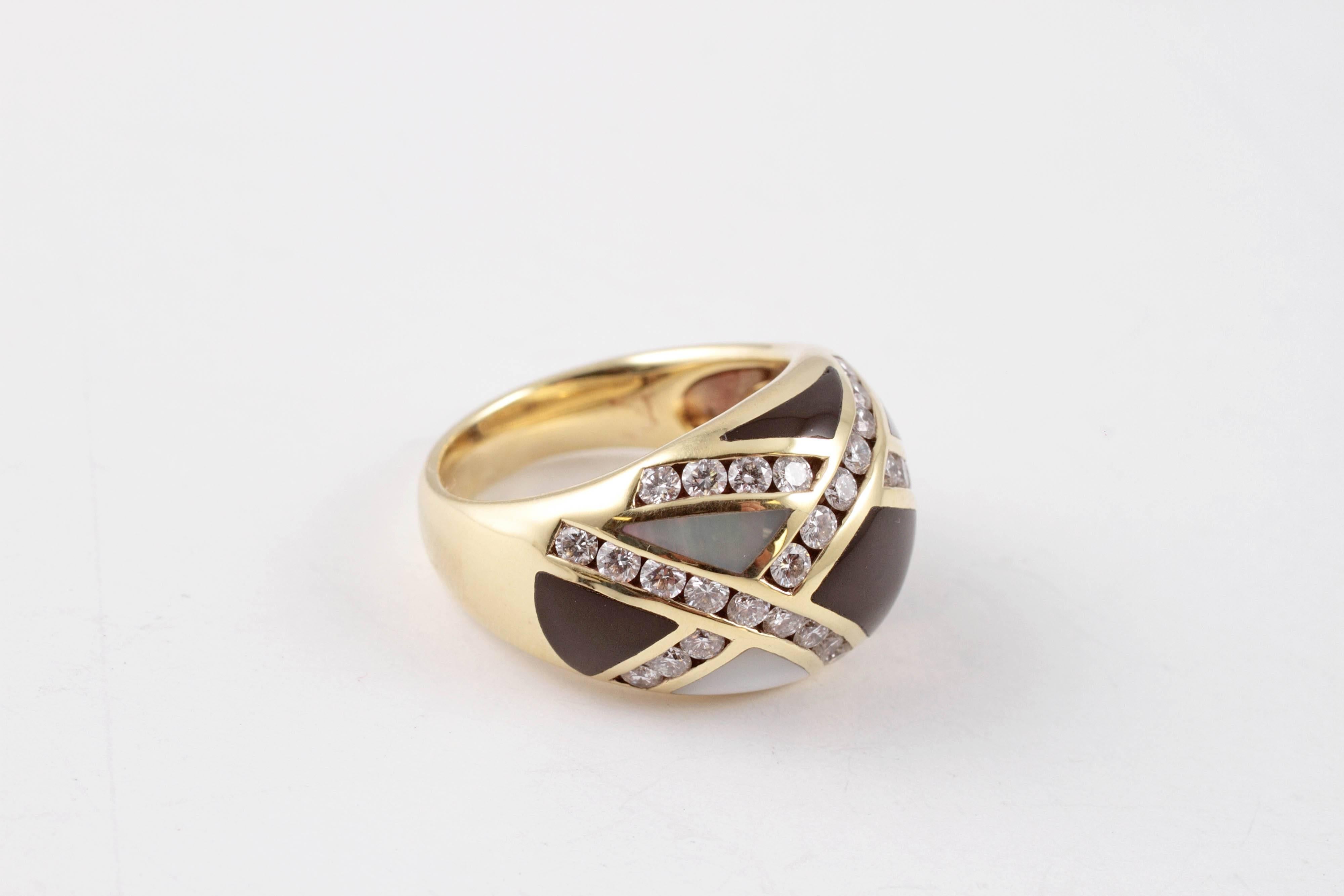 Asch Grossbardt Yellow Gold Diamond Mother-of-Pearl and Onyx Ring 4