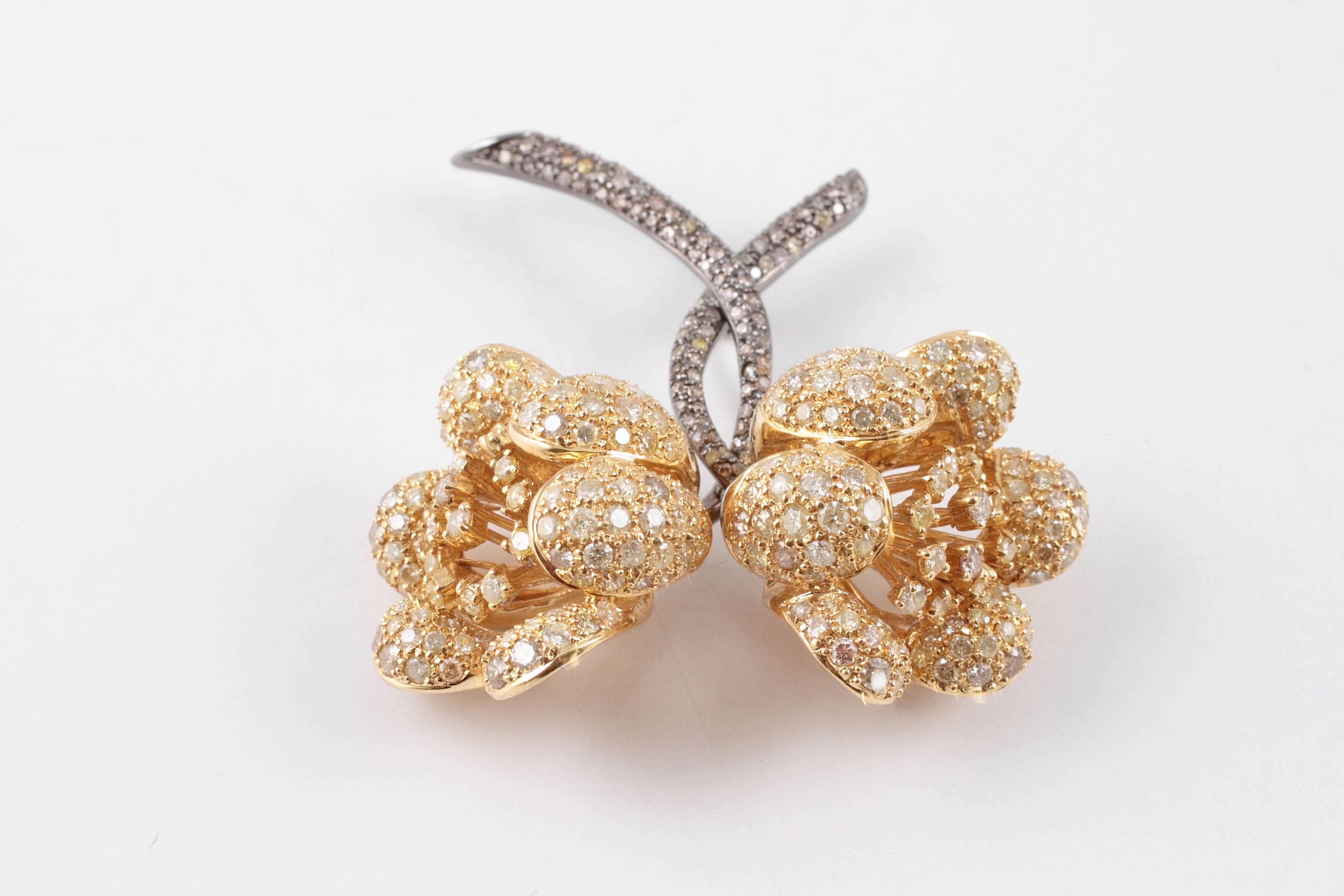 Women's or Men's 14.80 Carat Colored Diamond Flower Brooch