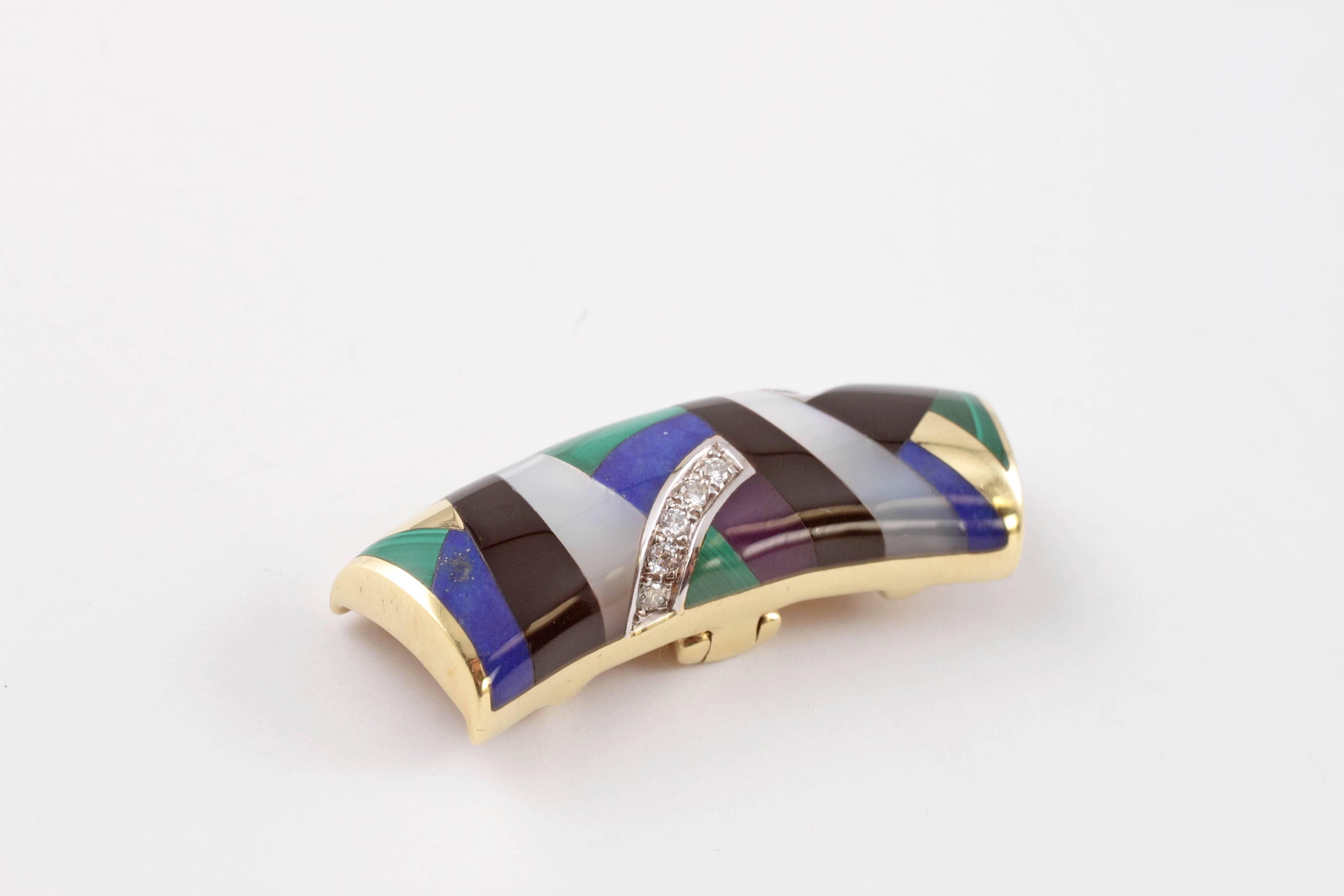 Beautiful rich colors!  This slide is in 14 karat yellow gold and features inlays of onyx, mother-of-pearl, lapis, and malachite with a row of accent diamonds. 