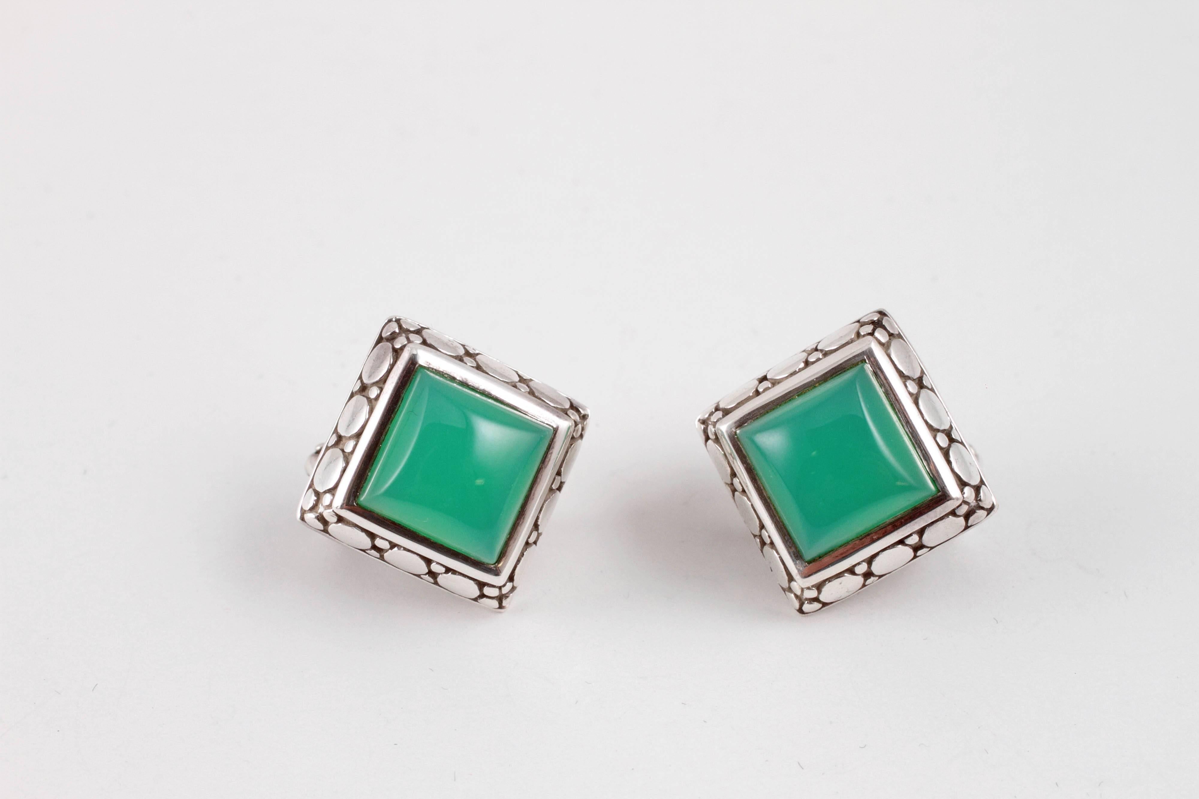 Fun and colorful John Hardy earrings.  These square cabochon chrysoprase earrings sit right on the ear, and are secured with omega backs.