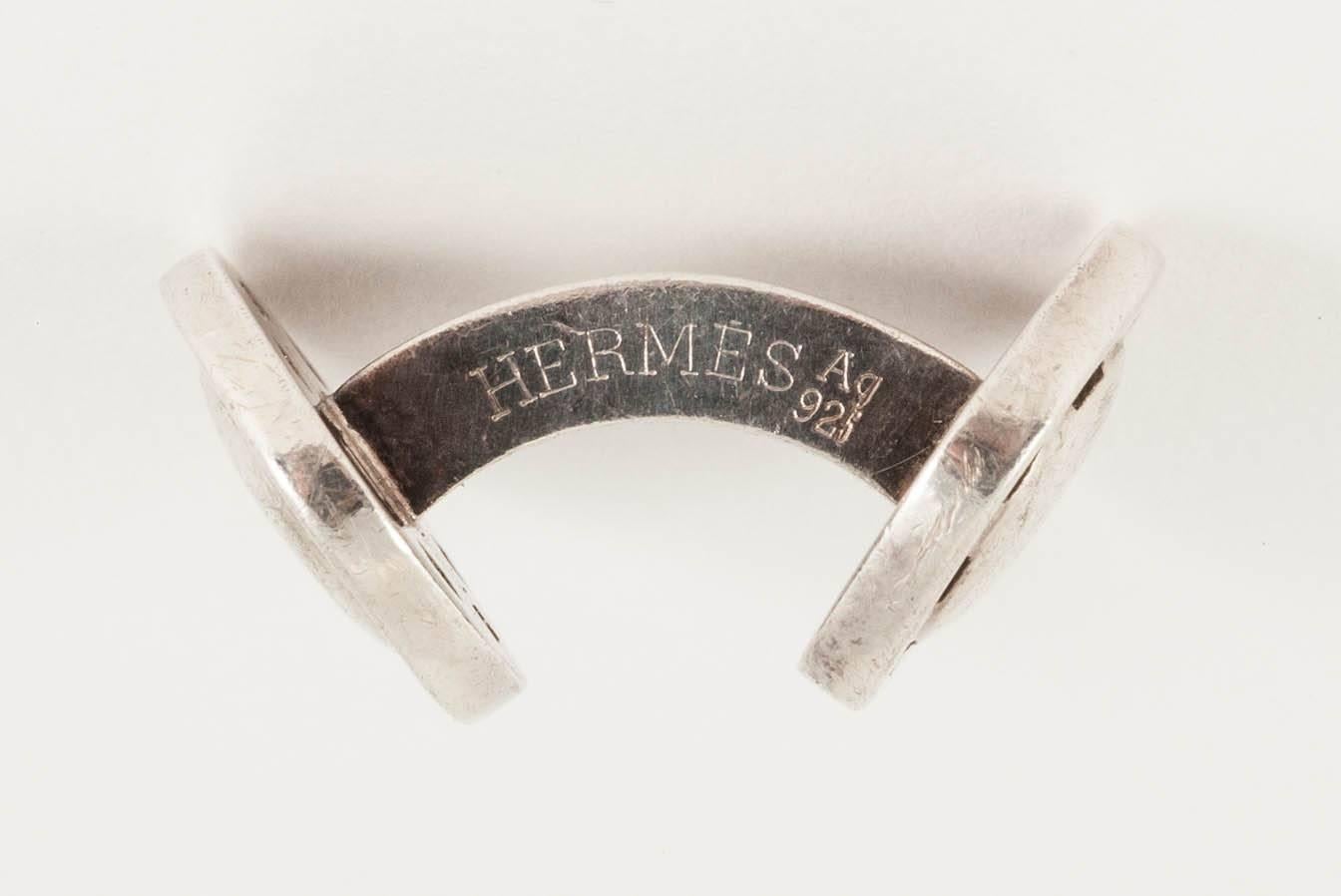 Cufflinks, heavy, silver by Hermes Paris c, 1910/20, Hermes case In Excellent Condition In London, GB