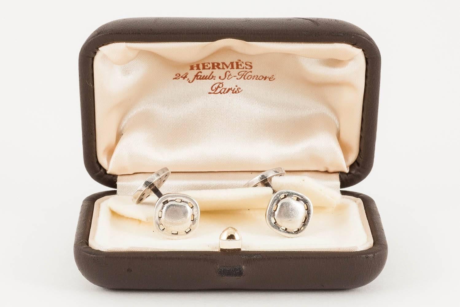 Cufflinks, heavy, silver by Hermes Paris c, 1910/20, Hermes case 2