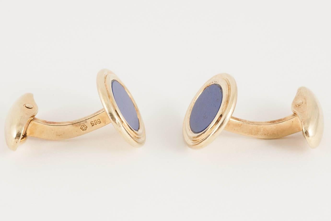 Heavy quality pair of 585 stamped [14kt] gold single sided cufflinks,set with a natural,lapis Lazuli stone.C,1970