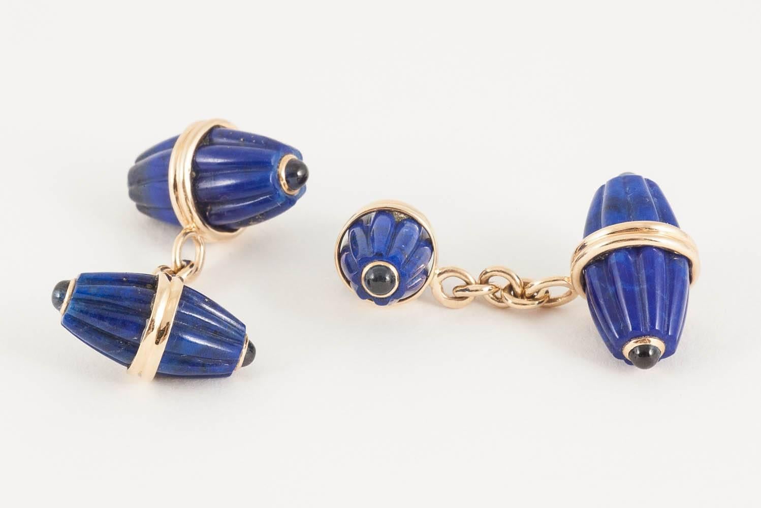 Men's Lapis Lazuli & Sapphire Melon Shaped Cufflinks 18 Karat Gold, Italian circa 1970 For Sale